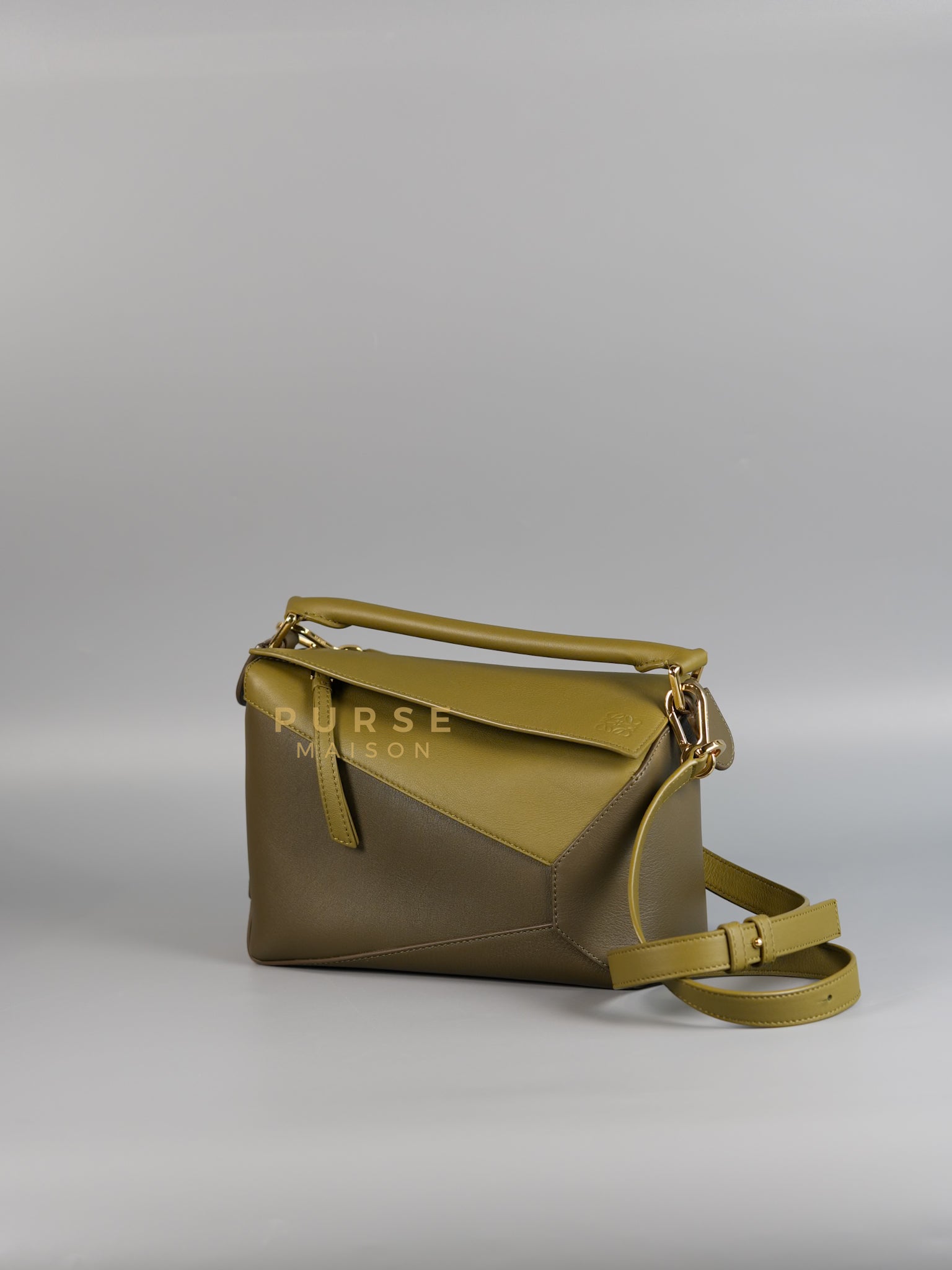 Puzzle Edge Small Bag in Bicolor Bag Olive/Khaki Green Calfskin Leather | Purse Maison Luxury Bags Shop