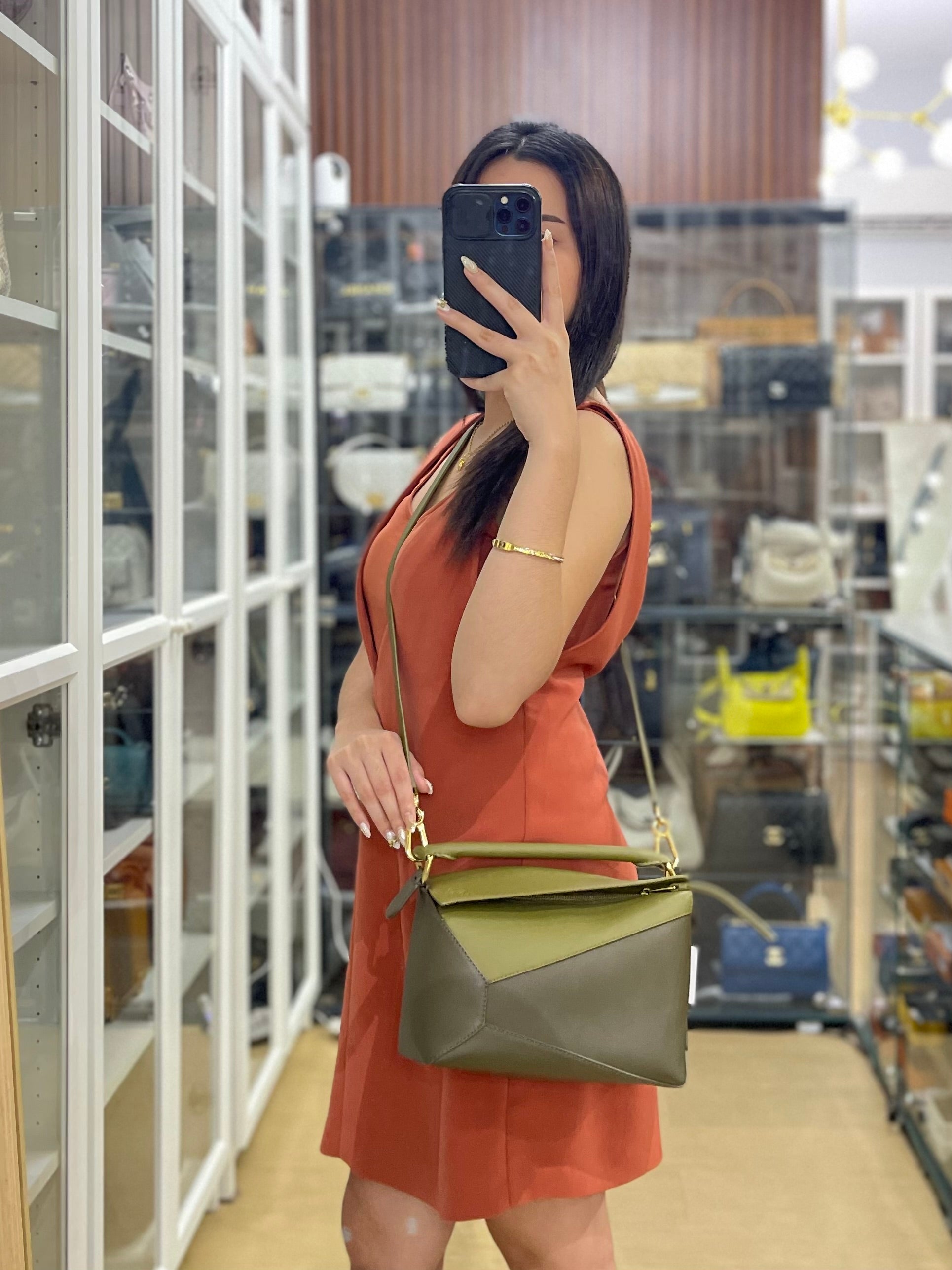 Puzzle Edge Small Bag in Bicolor Bag Olive/Khaki Green Calfskin Leather | Purse Maison Luxury Bags Shop