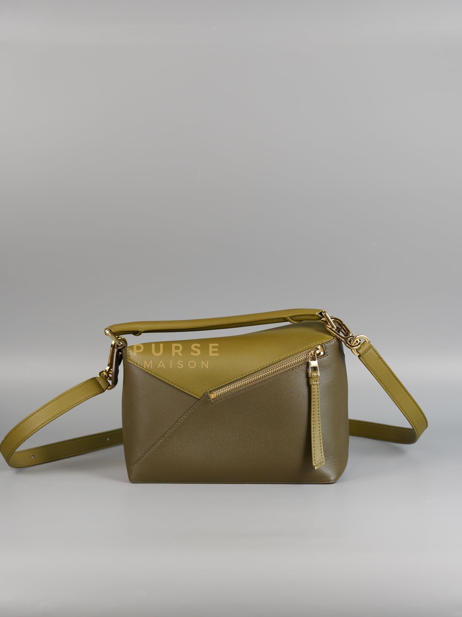 Puzzle Edge Small Bag in Bicolor Bag Olive/Khaki Green Calfskin Leather | Purse Maison Luxury Bags Shop