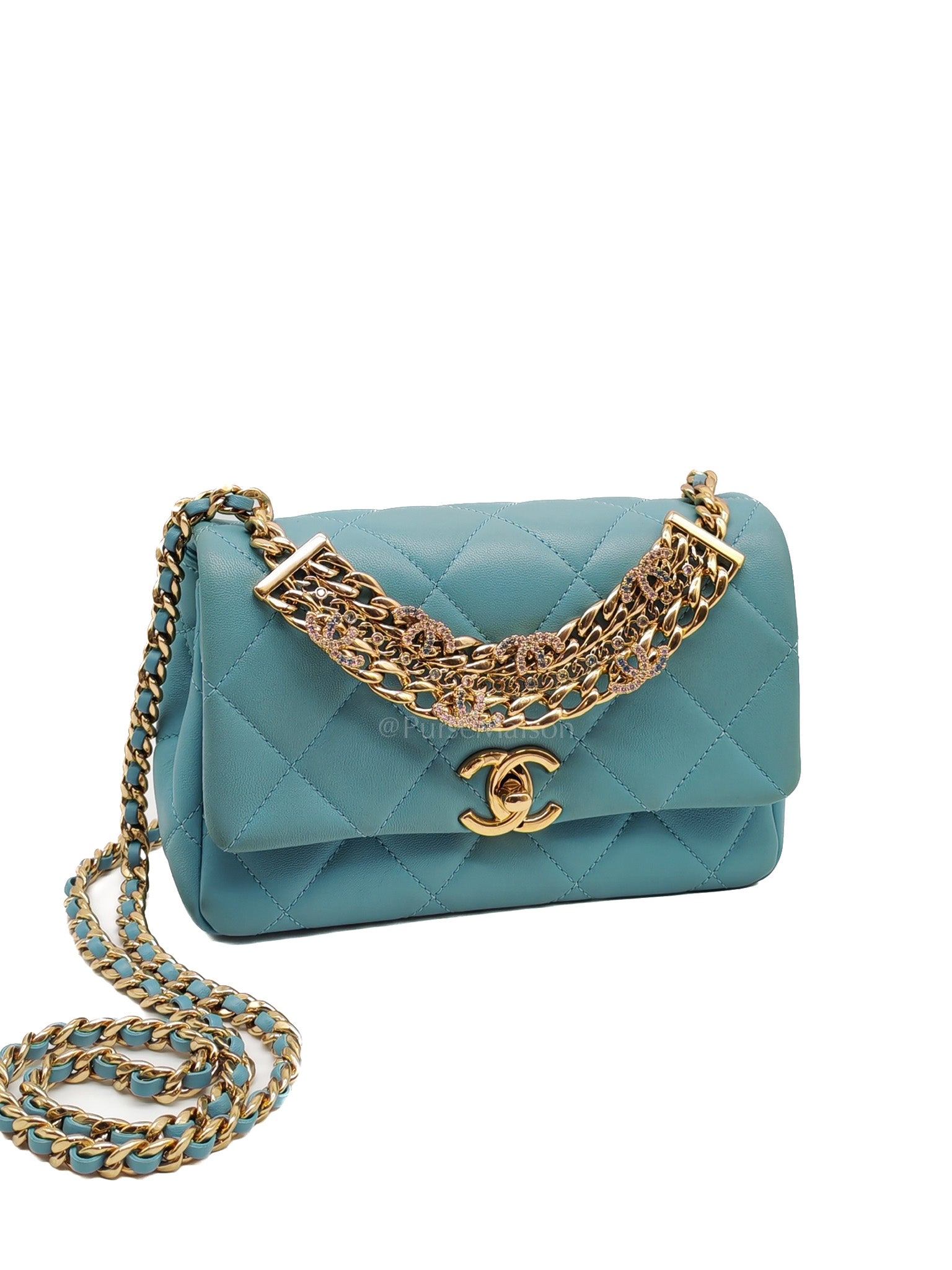 Mini CC Crystal Logo Chain Flap Bag in Light Blue Quilted Lambskin Leather & Gold Hardware Microchip