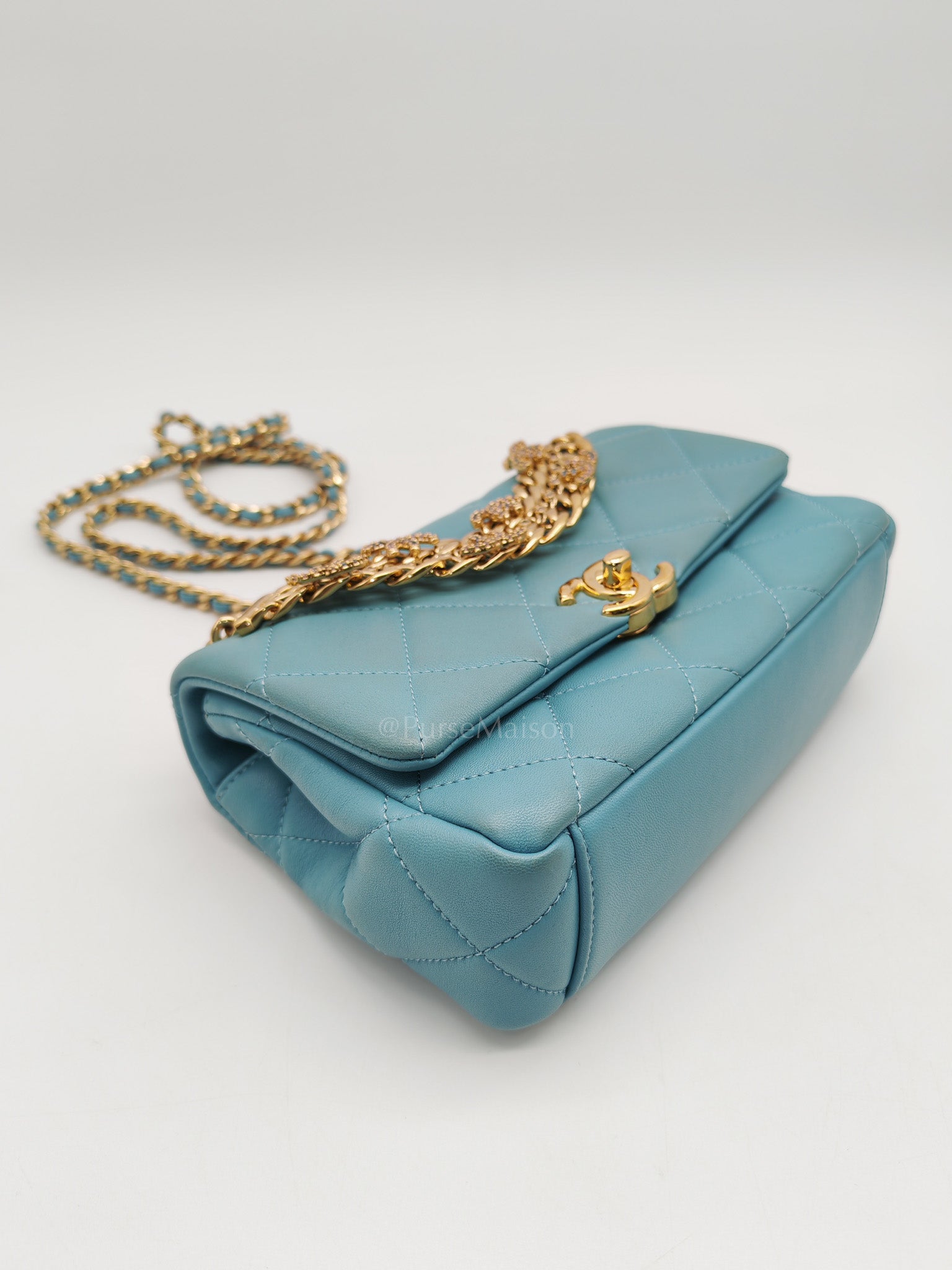 Mini CC Crystal Logo Chain Flap Bag in Light Blue Quilted Lambskin Leather & Gold Hardware Microchip