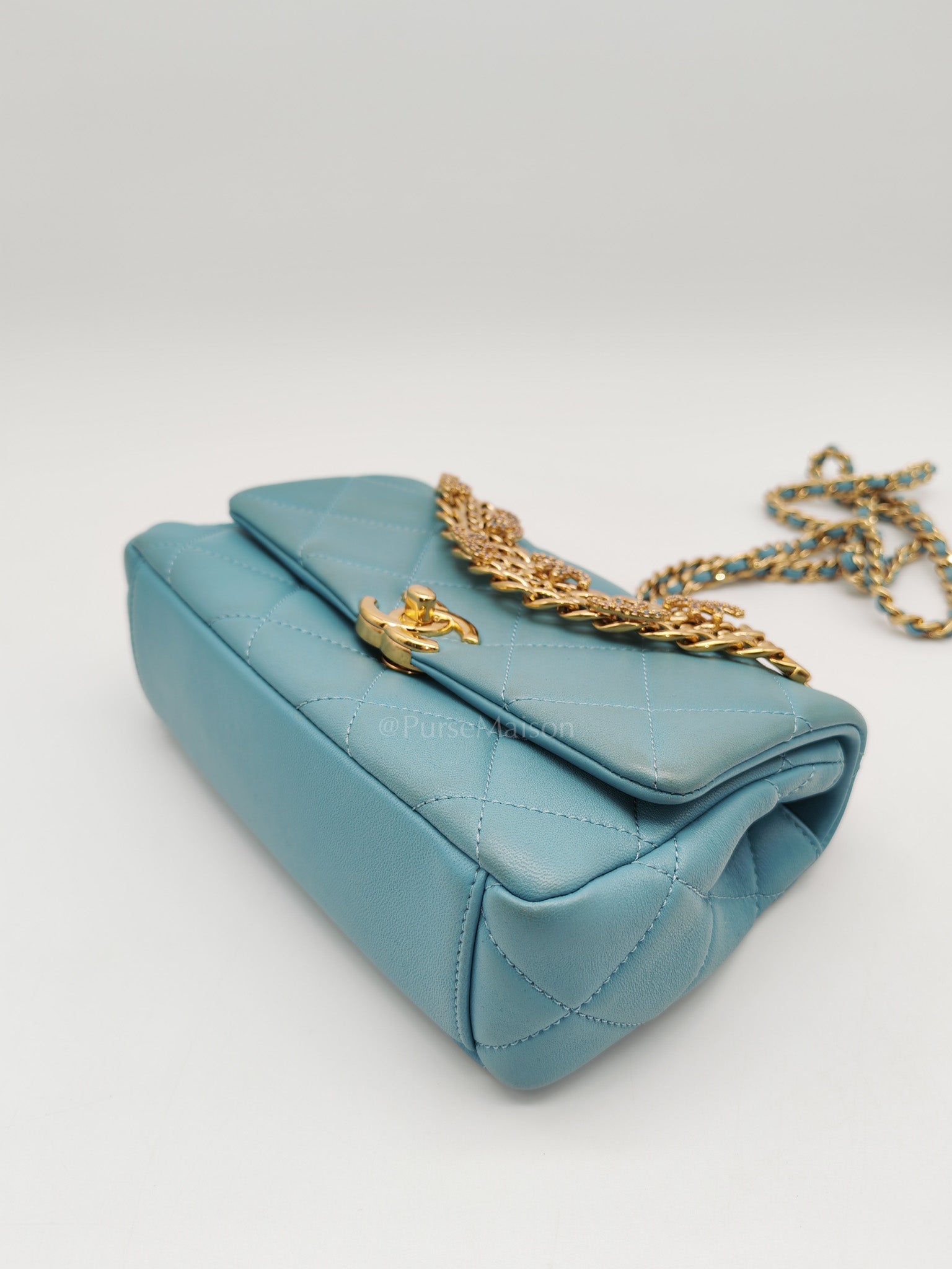 Mini CC Crystal Logo Chain Flap Bag in Light Blue Quilted Lambskin Leather & Gold Hardware Microchip
