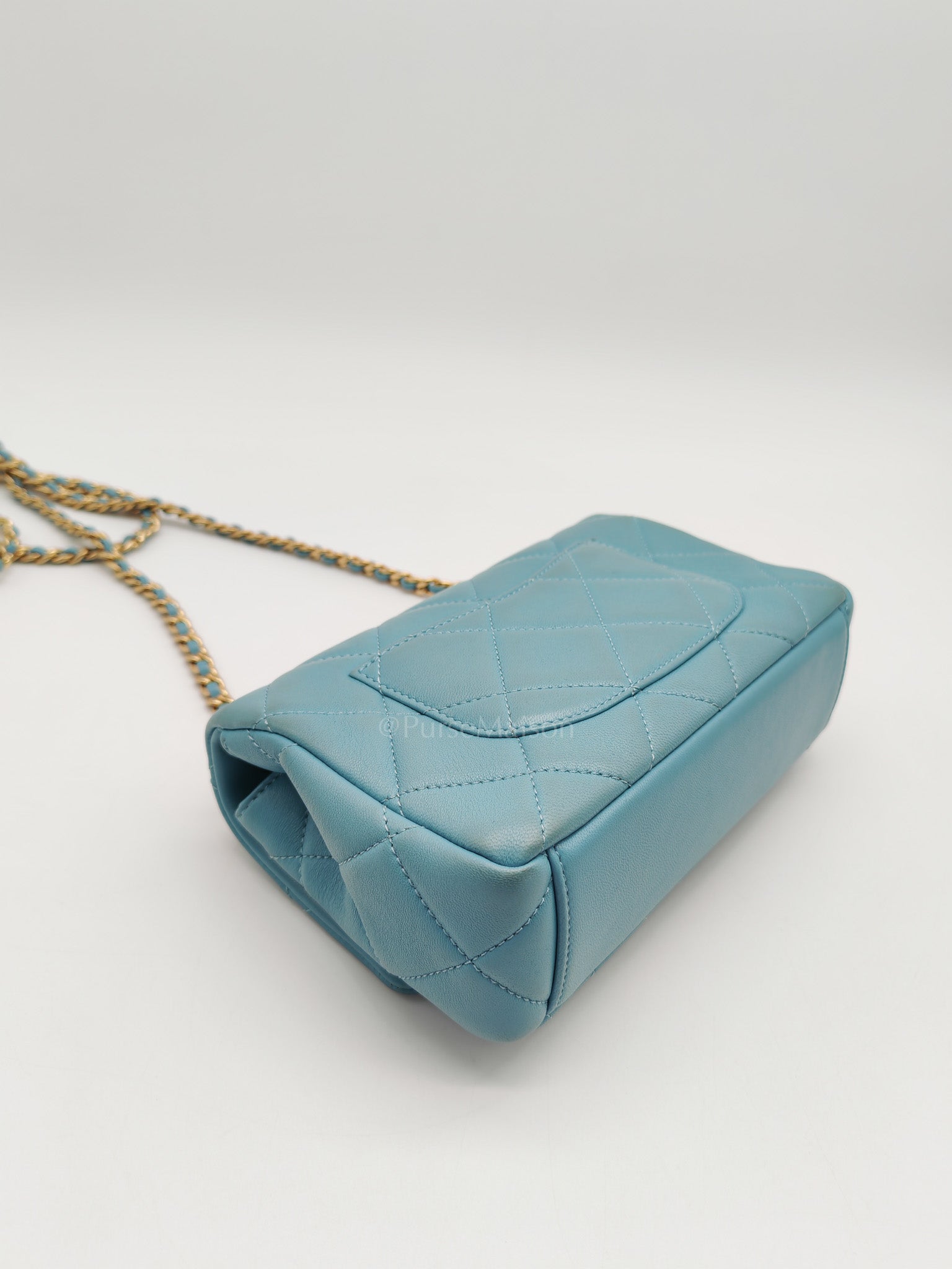 Mini CC Crystal Logo Chain Flap Bag in Light Blue Quilted Lambskin Leather & Gold Hardware Microchip