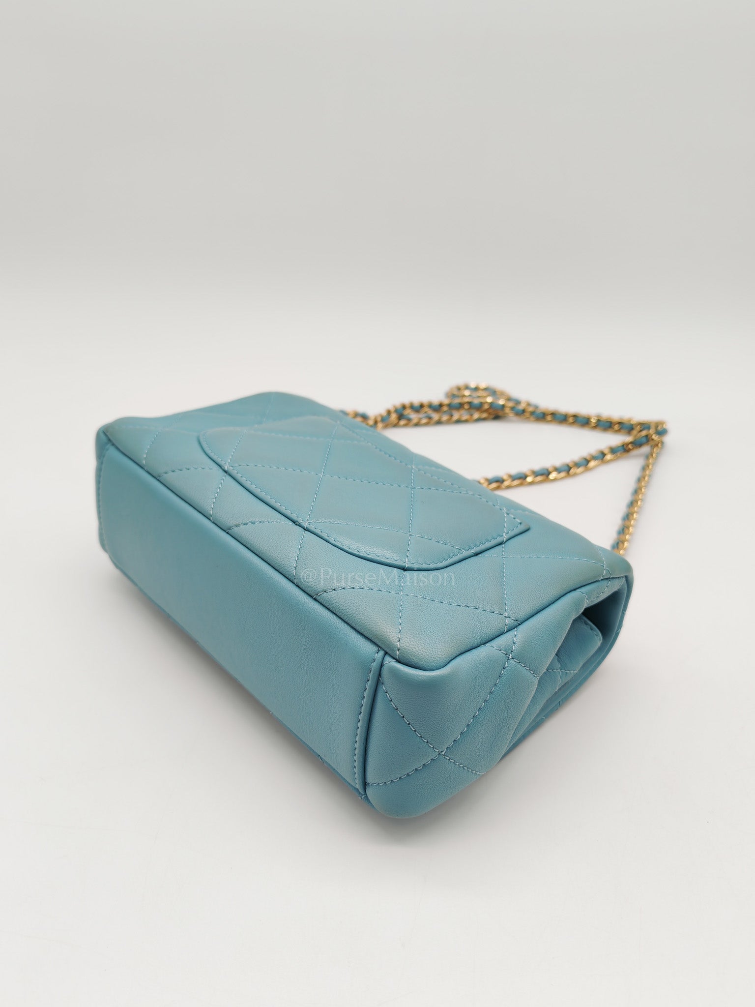 Mini CC Crystal Logo Chain Flap Bag in Light Blue Quilted Lambskin Leather & Gold Hardware Microchip