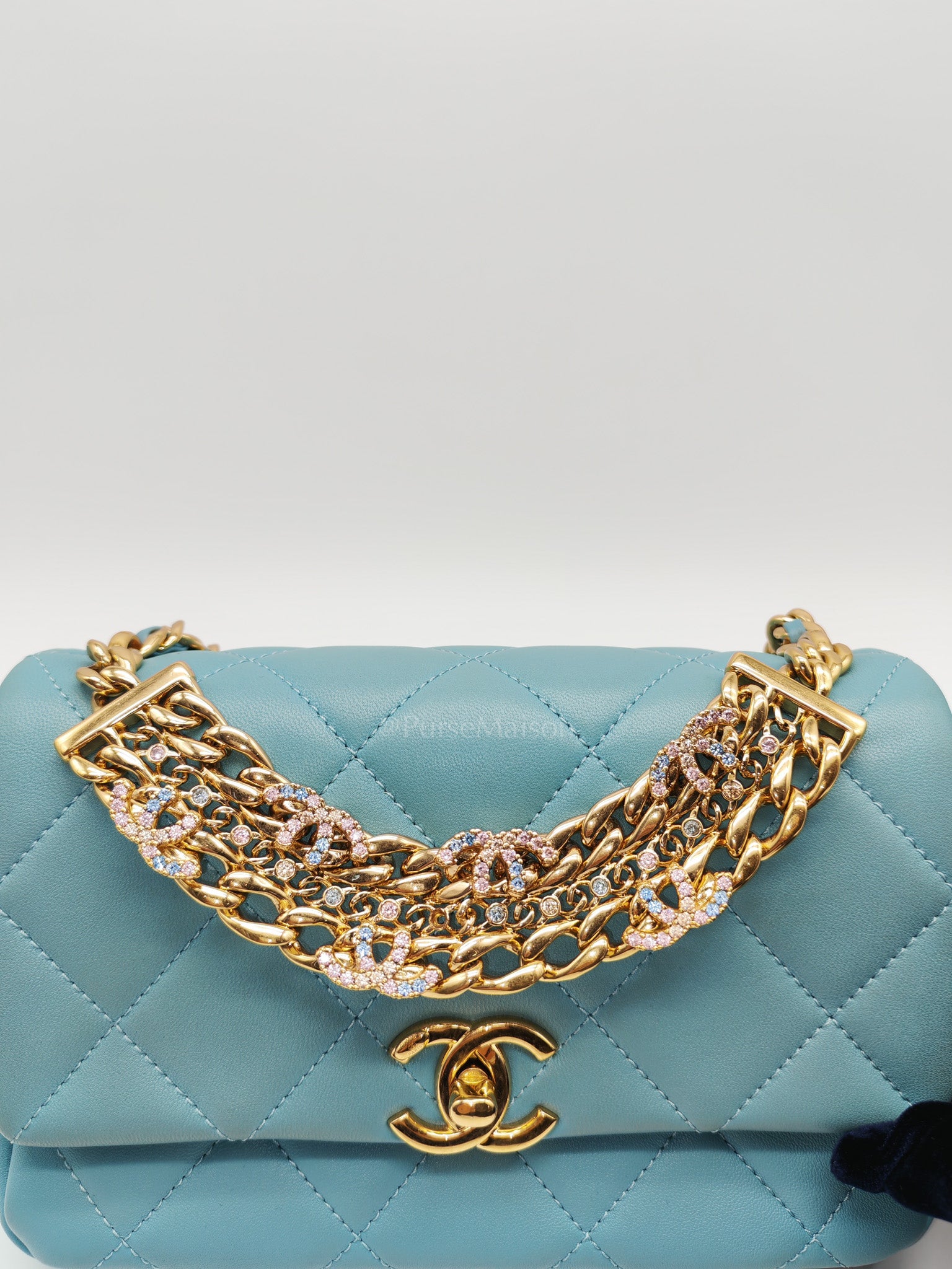 Mini CC Crystal Logo Chain Flap Bag in Light Blue Quilted Lambskin Leather & Gold Hardware Microchip