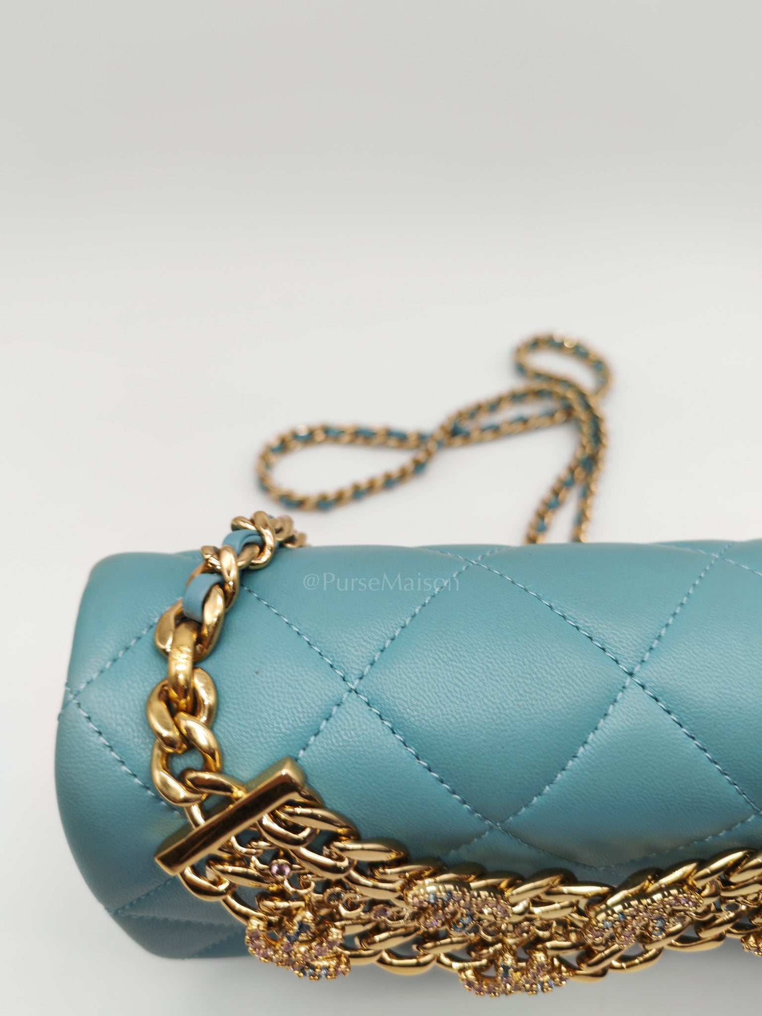 Mini CC Crystal Logo Chain Flap Bag in Light Blue Quilted Lambskin Leather & Gold Hardware Microchip