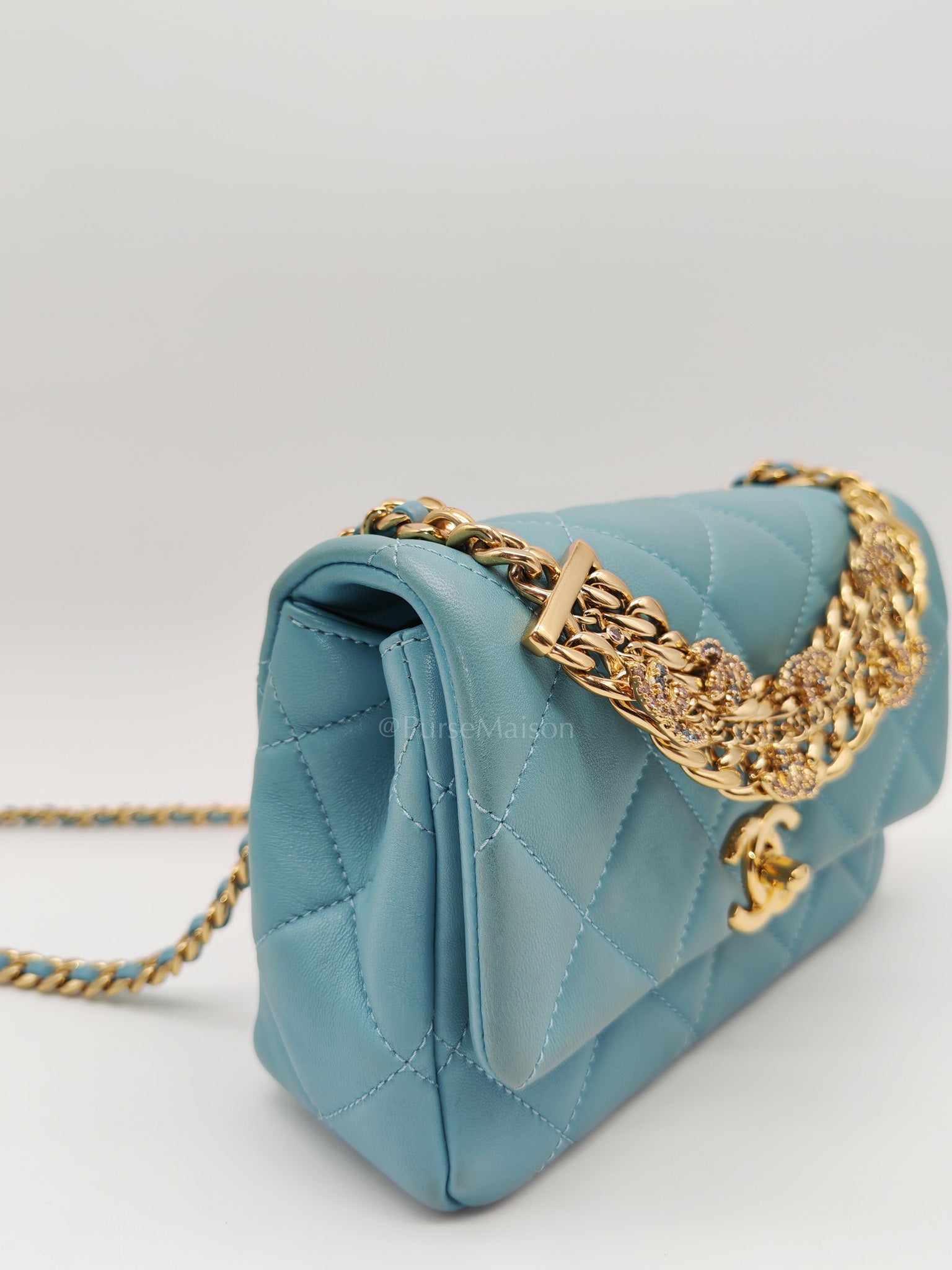 Mini CC Crystal Logo Chain Flap Bag in Light Blue Quilted Lambskin Leather & Gold Hardware Microchip
