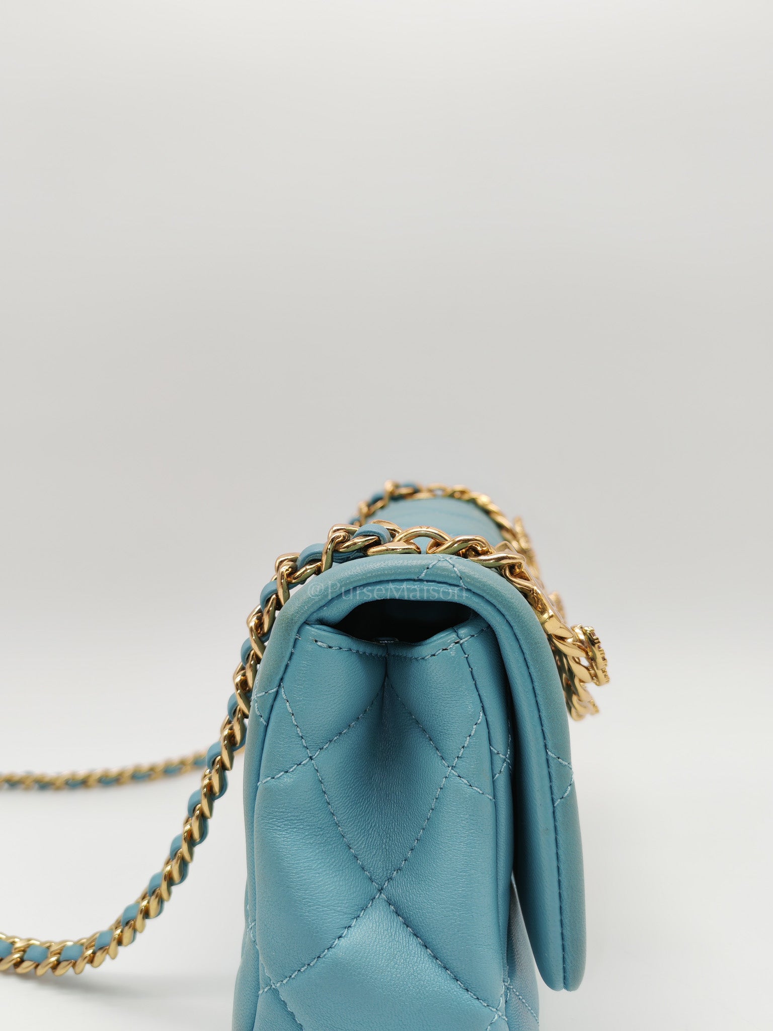 Mini CC Crystal Logo Chain Flap Bag in Light Blue Quilted Lambskin Leather & Gold Hardware Microchip