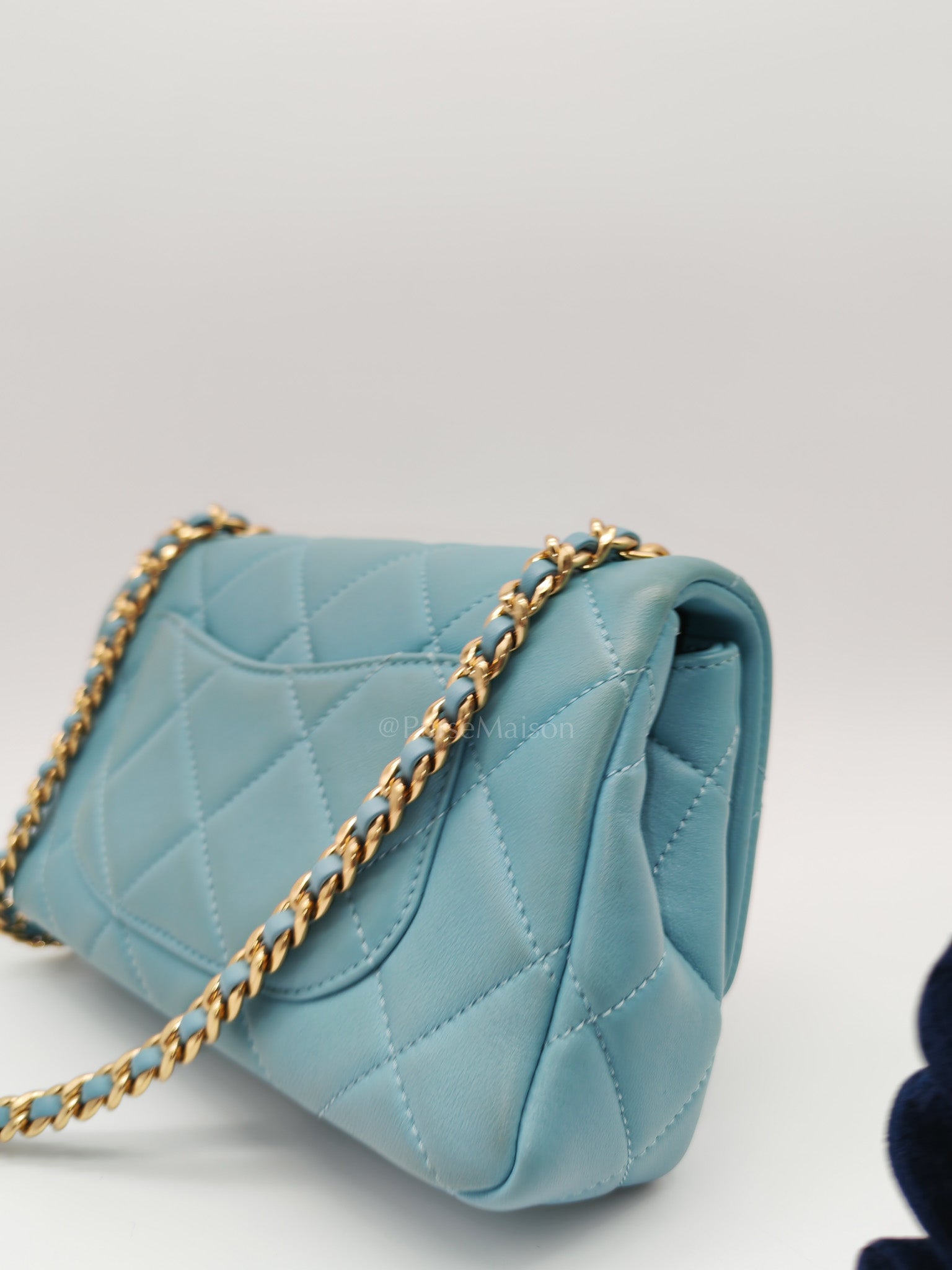 Mini CC Crystal Logo Chain Flap Bag in Light Blue Quilted Lambskin Leather & Gold Hardware Microchip