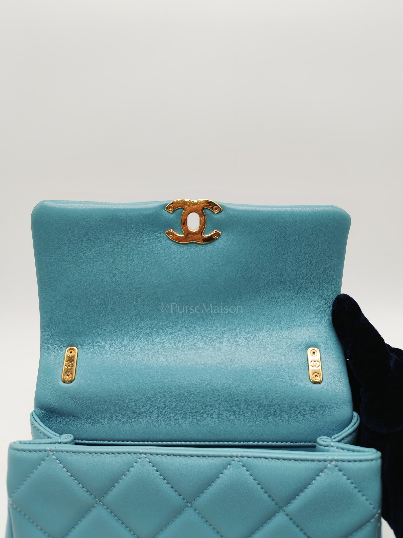 Mini CC Crystal Logo Chain Flap Bag in Light Blue Quilted Lambskin Leather & Gold Hardware Microchip