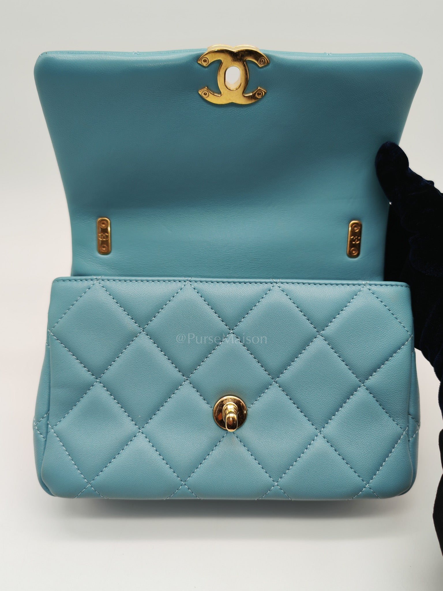Mini CC Crystal Logo Chain Flap Bag in Light Blue Quilted Lambskin Leather & Gold Hardware Microchip