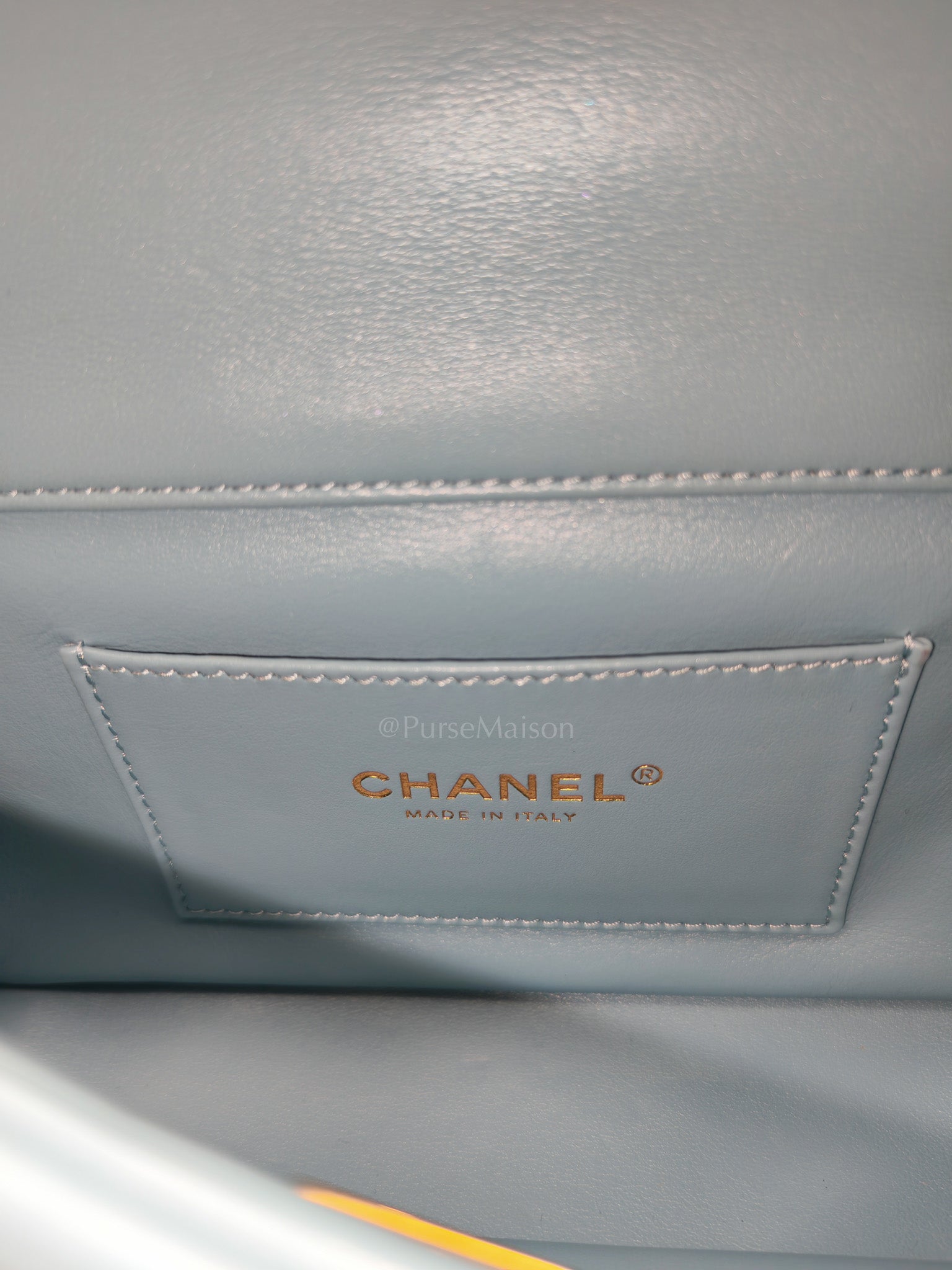 Mini CC Crystal Logo Chain Flap Bag in Light Blue Quilted Lambskin Leather & Gold Hardware Microchip