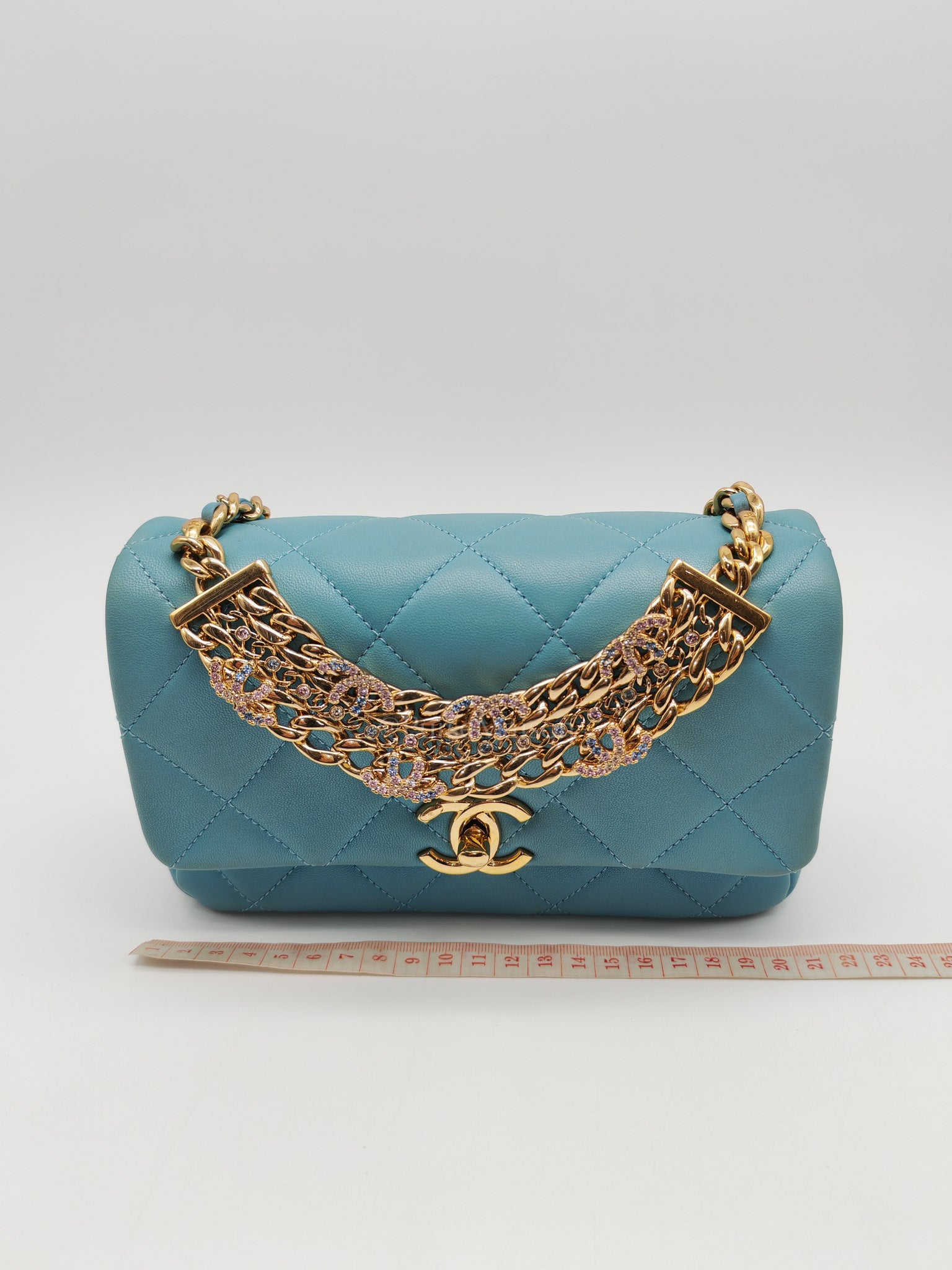 Mini CC Crystal Logo Chain Flap Bag in Light Blue Quilted Lambskin Leather & Gold Hardware Microchip