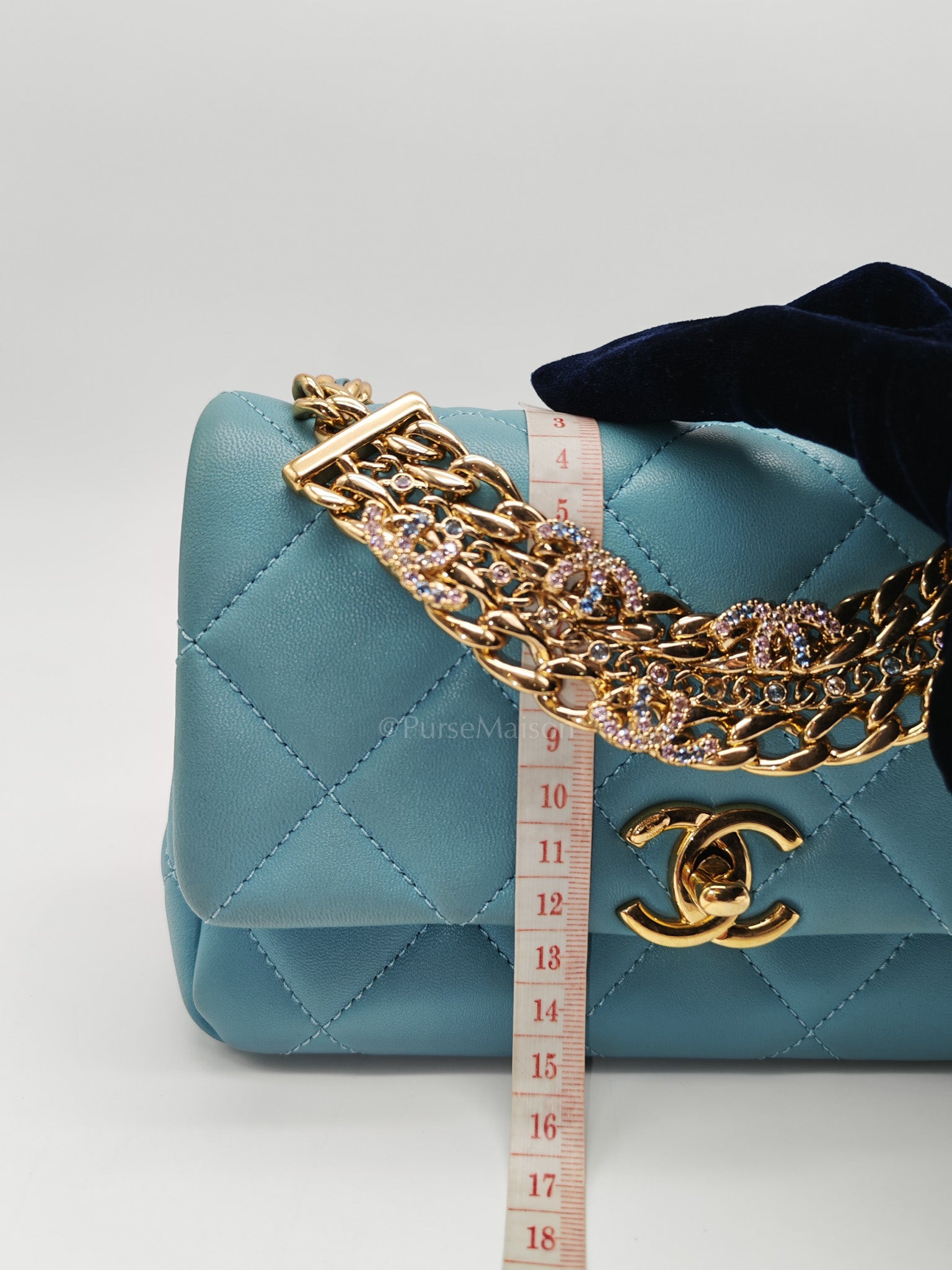 Mini CC Crystal Logo Chain Flap Bag in Light Blue Quilted Lambskin Leather & Gold Hardware Microchip
