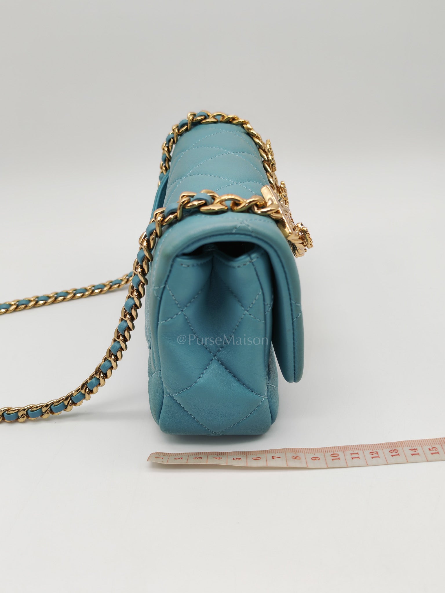 Mini CC Crystal Logo Chain Flap Bag in Light Blue Quilted Lambskin Leather & Gold Hardware Microchip