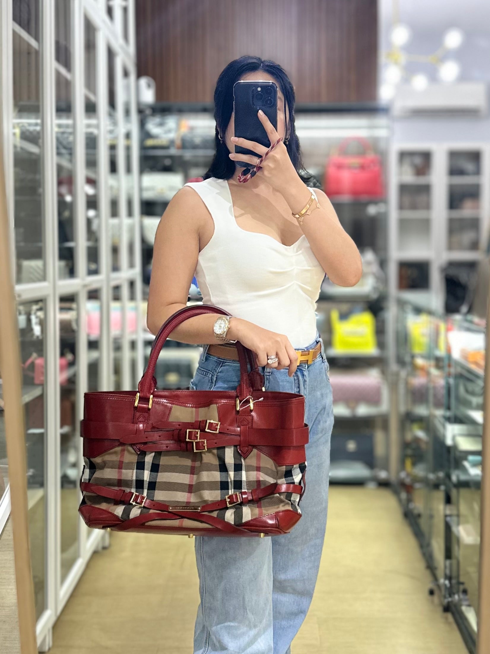 Red Bridle House Check Tote Bag | Purse Maison Luxury Bags Shop