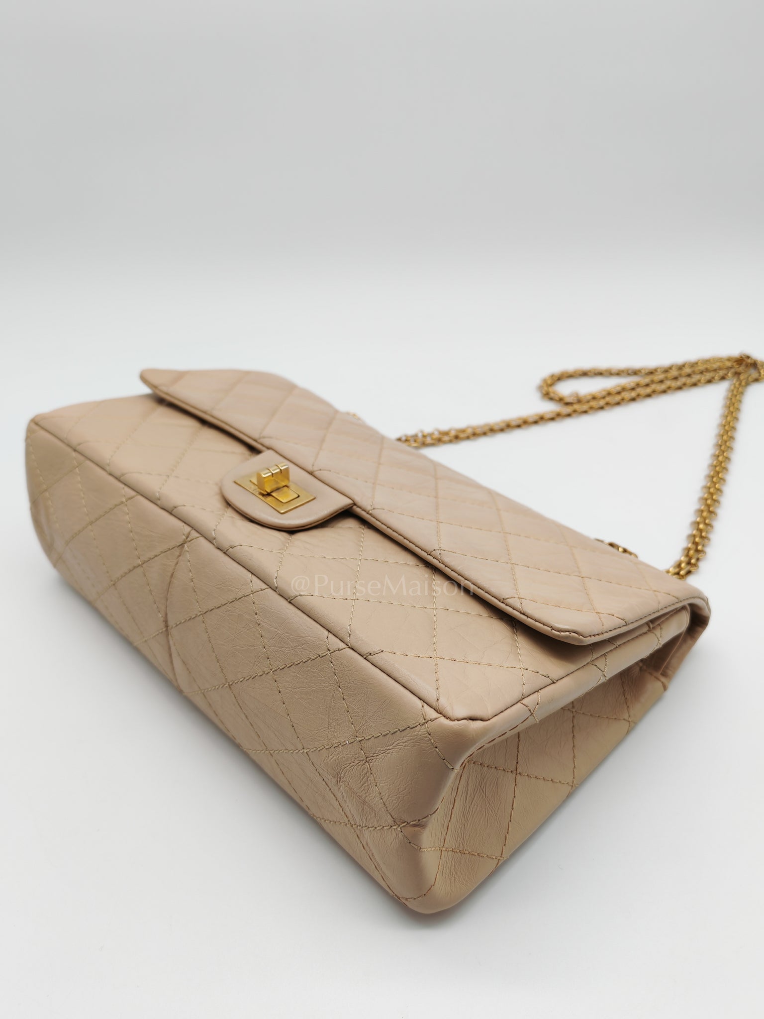 Reissue 2.55 in Beige Distressed Calfskin Leather an Aged Gold Hardwadre Series 18 | Purse Maison Luxury Bags Shop