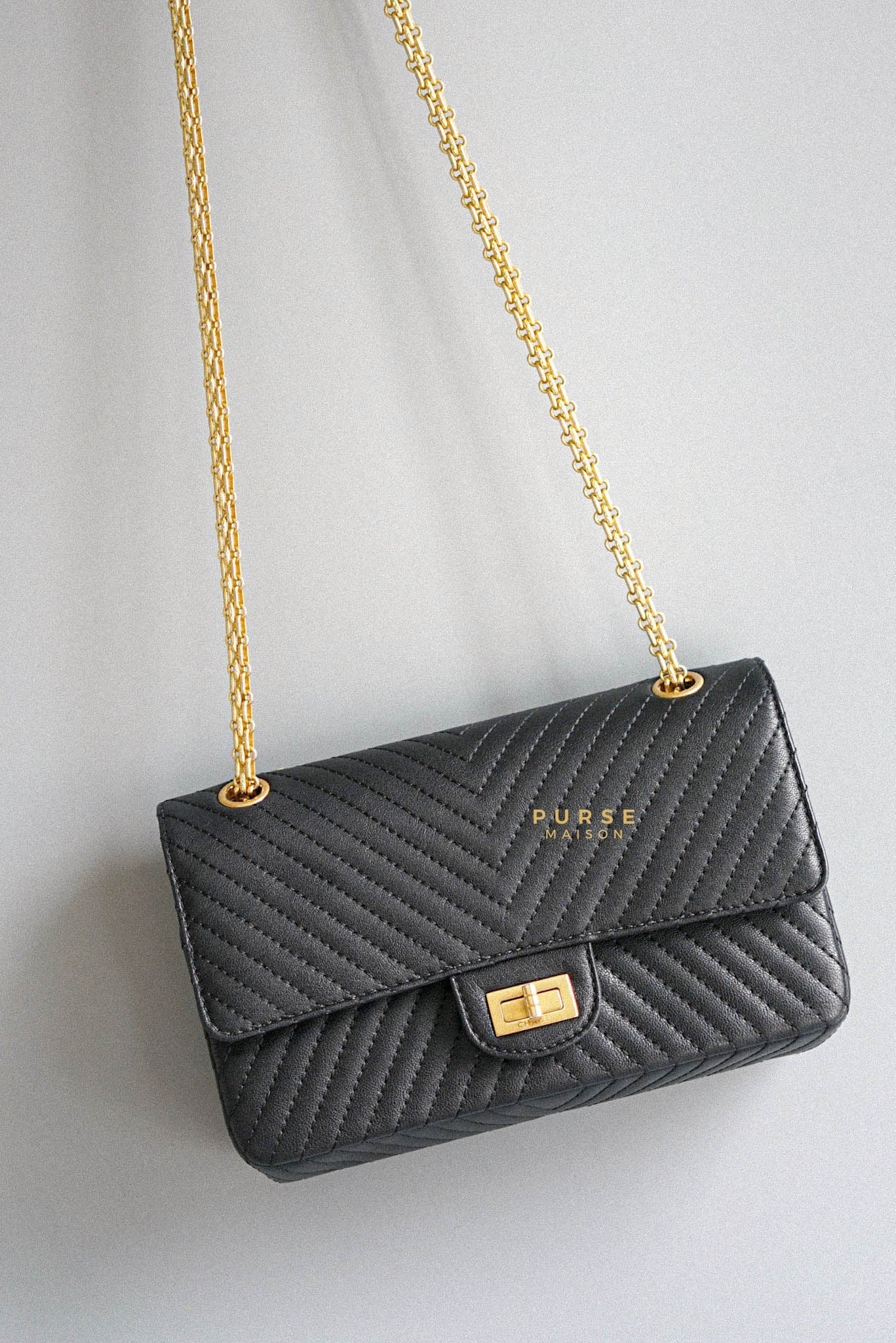 Chanel Reissue 2.55 in Black Calfskin Chevron Leather and Gold Hardware Series 23 (size 225) | Purse Maison Luxury Bags Shop