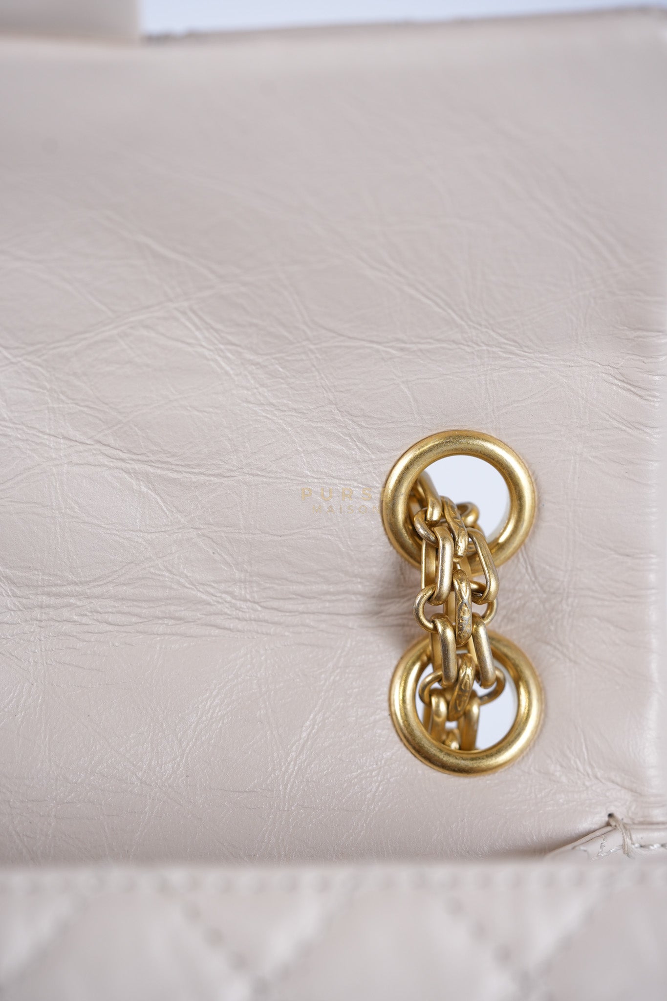 Reissue 2.55 Single Flap Mini in Beige Calfskin Distressed Leather Aged Gold Hardware (Microchip) | Purse Maison Luxury Bags Shop