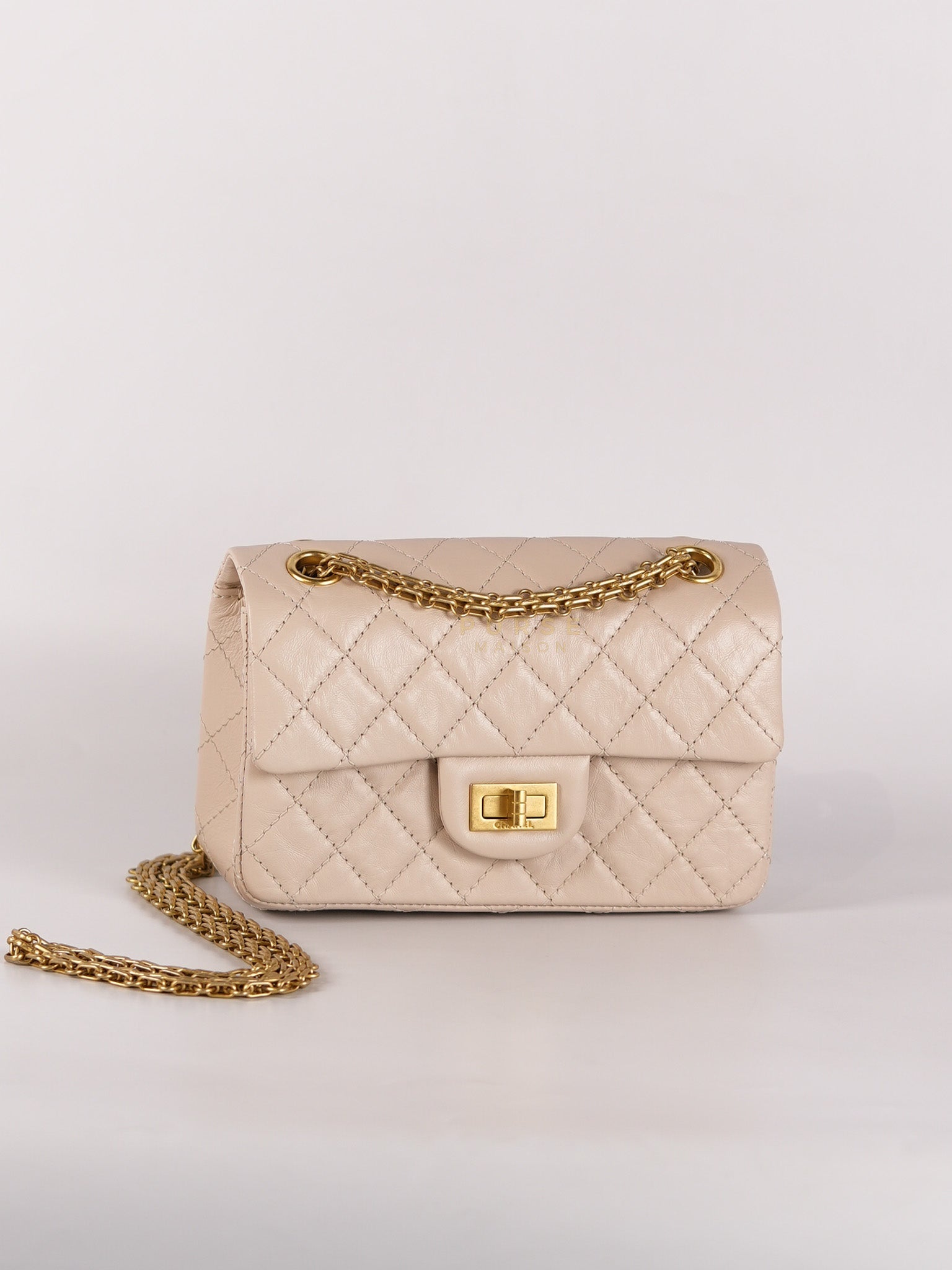 Reissue 2.55 Single Flap Mini in Beige Calfskin Distressed Leather Aged Gold Hardware (Microchip) | Purse Maison Luxury Bags Shop