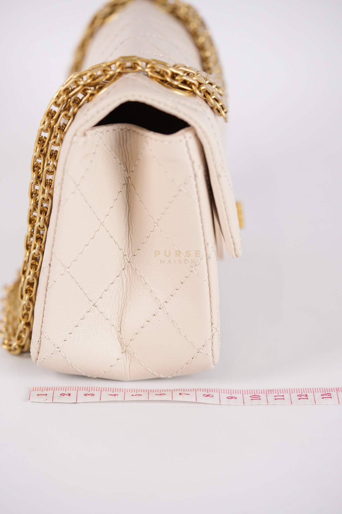 Reissue 2.55 Single Flap Mini in Beige Calfskin Distressed Leather Aged Gold Hardware (Microchip) | Purse Maison Luxury Bags Shop