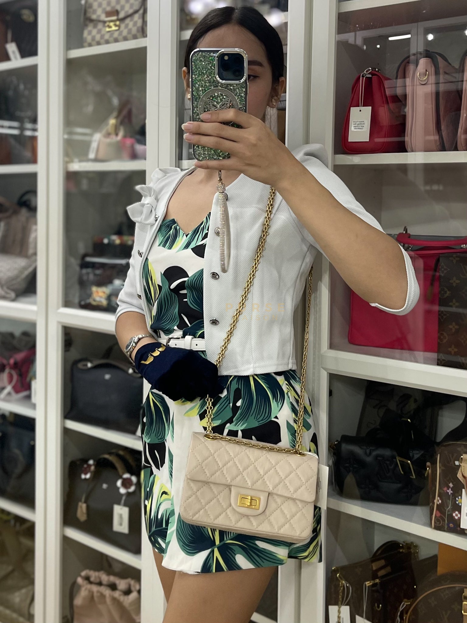 Reissue 2.55 Single Flap Mini in Beige Calfskin Distressed Leather Aged Gold Hardware (Microchip) | Purse Maison Luxury Bags Shop