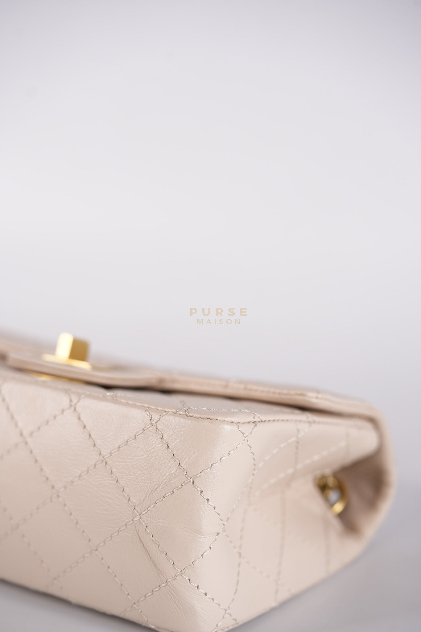 Reissue 2.55 Single Flap Mini in Beige Calfskin Distressed Leather Aged Gold Hardware (Microchip) | Purse Maison Luxury Bags Shop