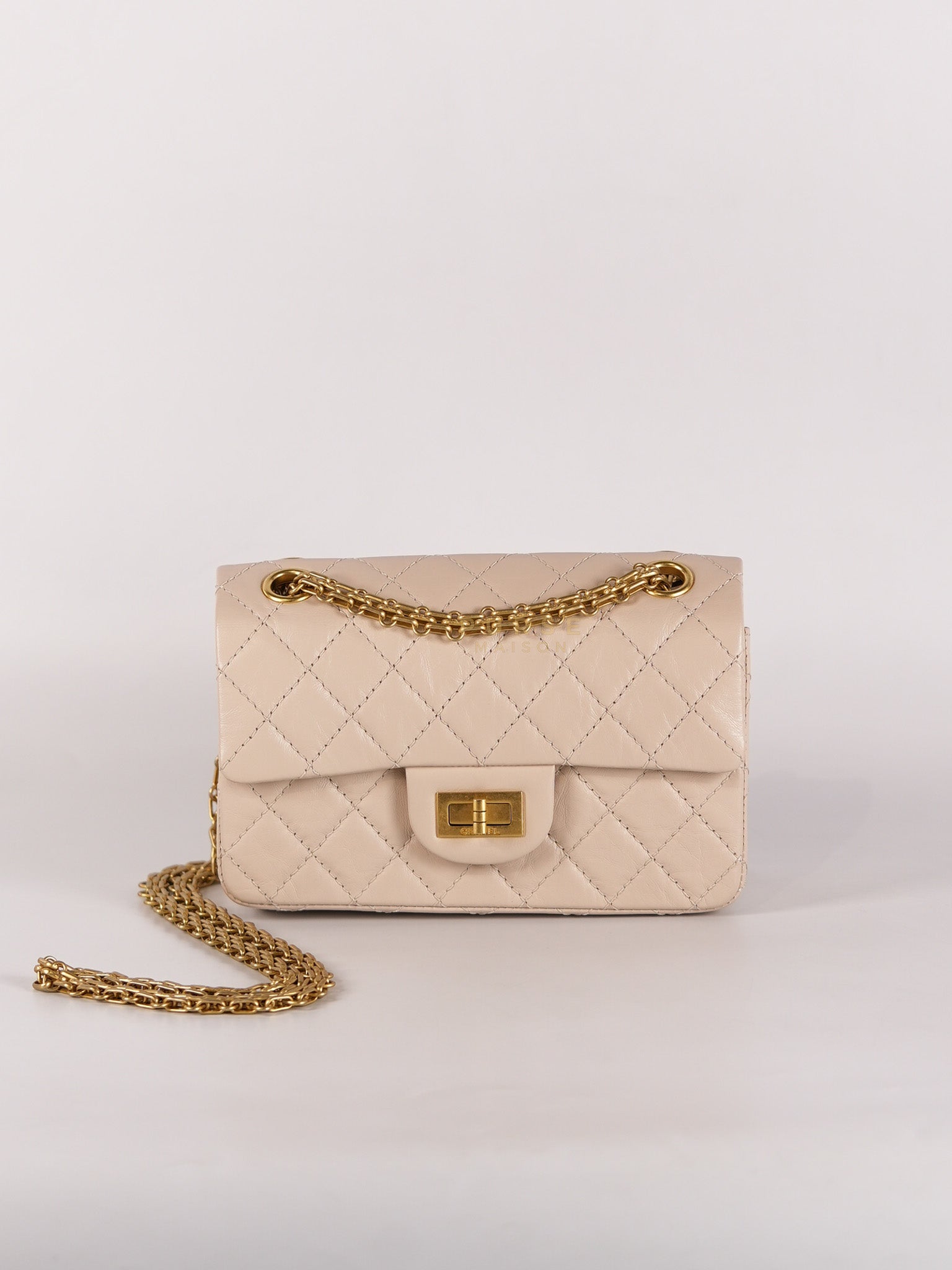 Reissue 2.55 Single Flap Mini in Beige Calfskin Distressed Leather Aged Gold Hardware (Microchip) | Purse Maison Luxury Bags Shop