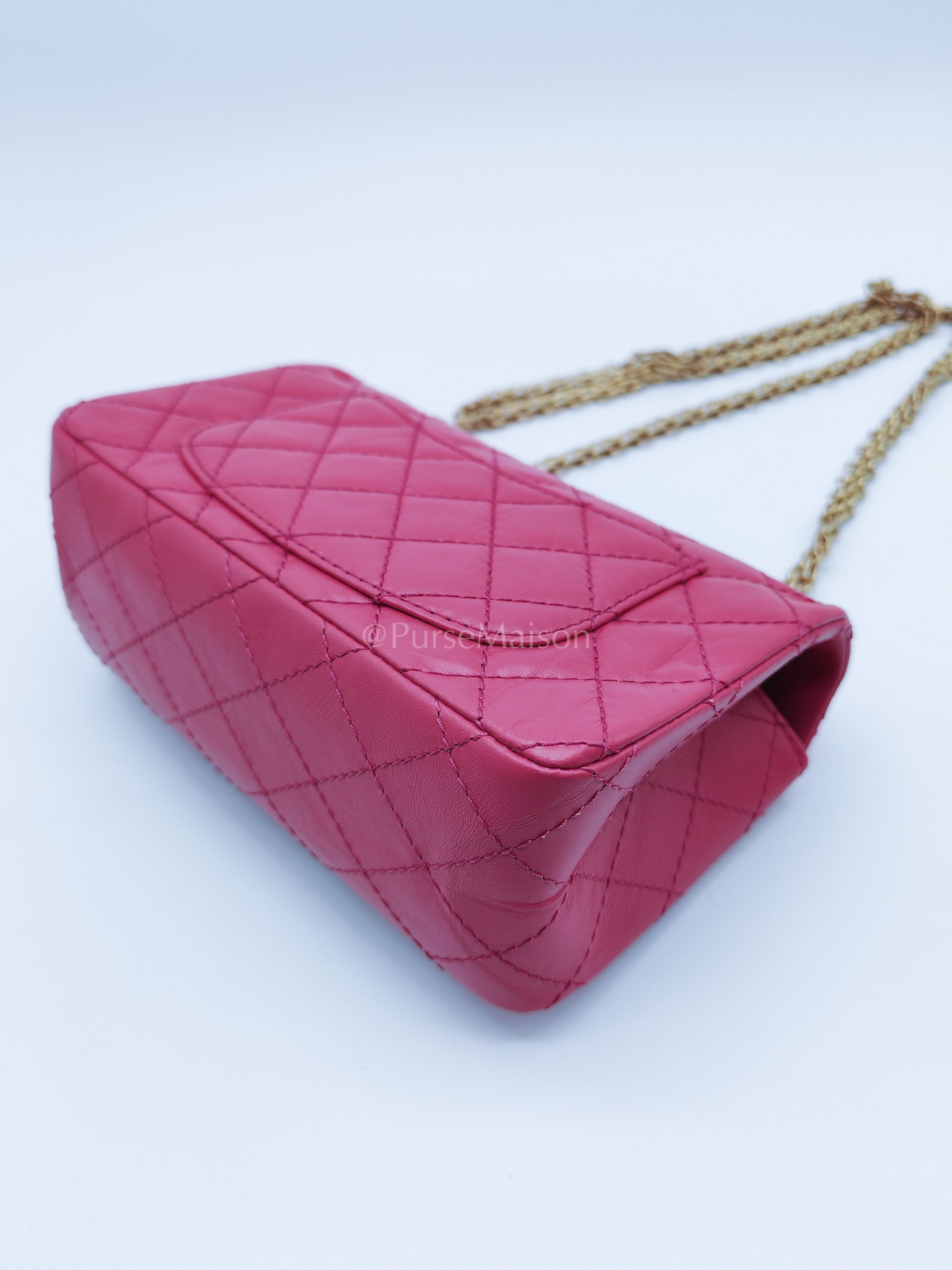 Reissue 2.55 Single Flap Mini Pink Calfskin Distressed Leather in Aged Gold Hardware(Microchip) | Purse Maison Luxury Bags Shop