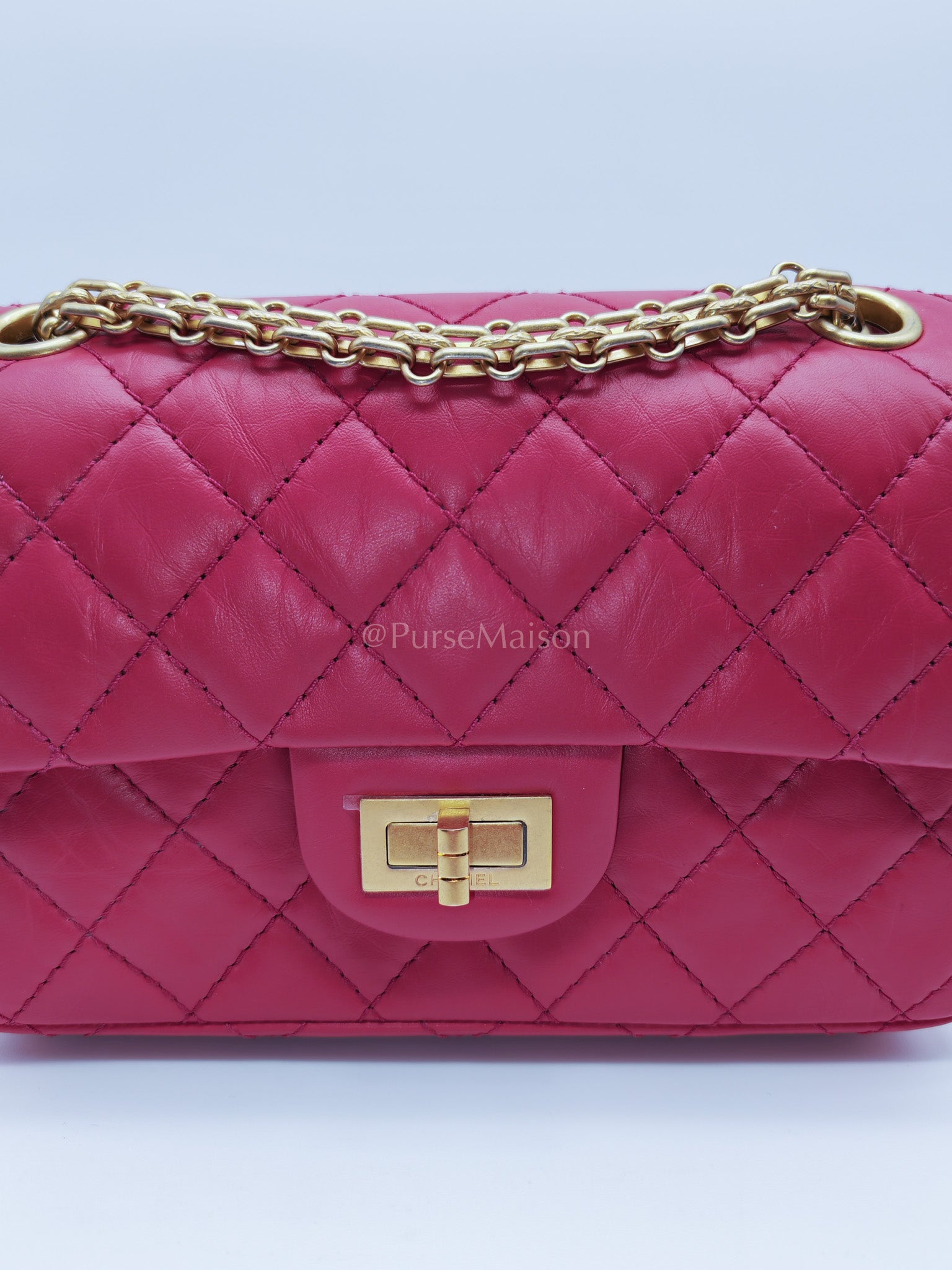 Reissue 2.55 Single Flap Mini Pink Calfskin Distressed Leather in Aged Gold Hardware(Microchip) | Purse Maison Luxury Bags Shop