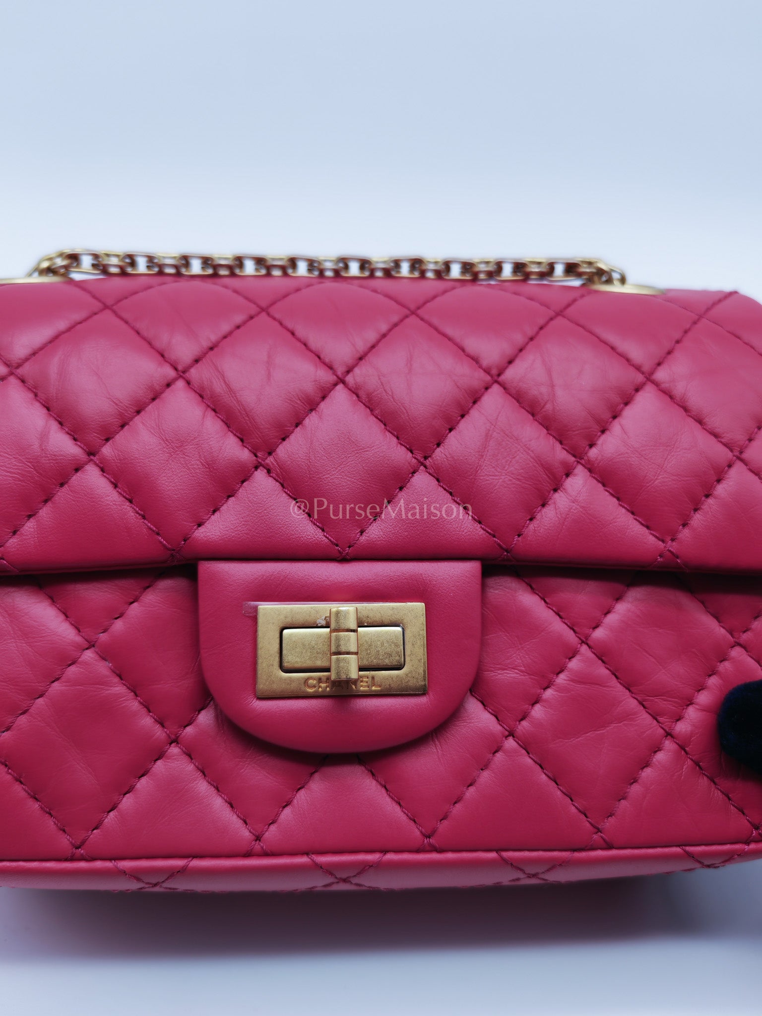 Reissue 2.55 Single Flap Mini Pink Calfskin Distressed Leather in Aged Gold Hardware(Microchip) | Purse Maison Luxury Bags Shop