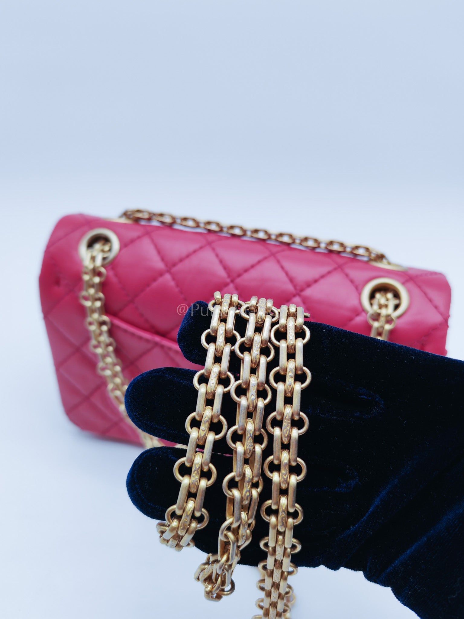 Reissue 2.55 Single Flap Mini Pink Calfskin Distressed Leather in Aged Gold Hardware(Microchip) | Purse Maison Luxury Bags Shop