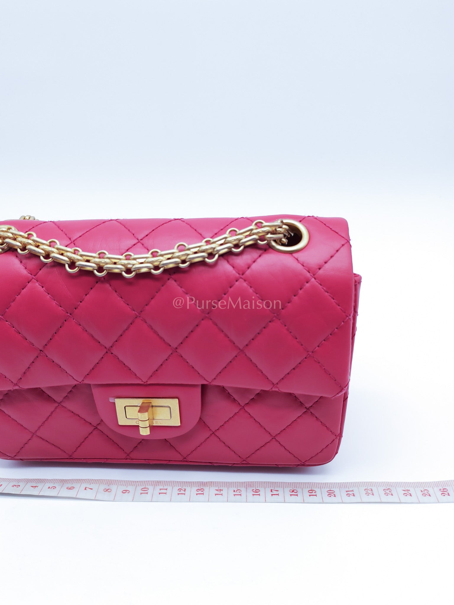 Reissue 2.55 Single Flap Mini Pink Calfskin Distressed Leather in Aged Gold Hardware(Microchip) | Purse Maison Luxury Bags Shop