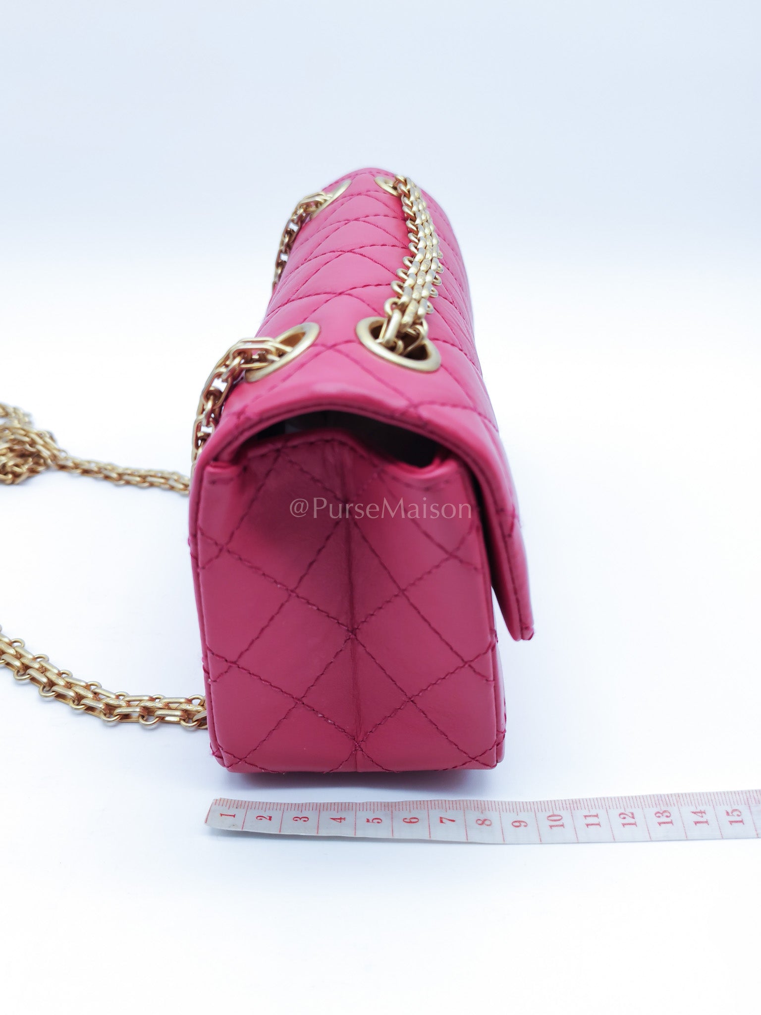 Reissue 2.55 Single Flap Mini Pink Calfskin Distressed Leather in Aged Gold Hardware(Microchip) | Purse Maison Luxury Bags Shop