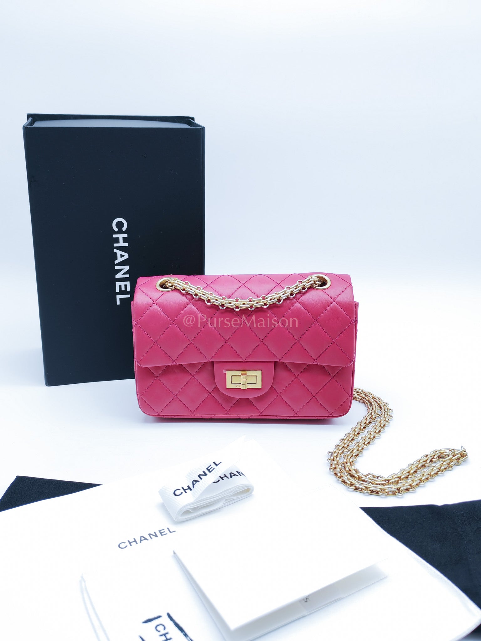 Reissue 2.55 Single Flap Mini Pink Calfskin Distressed Leather in Aged Gold Hardware(Microchip) | Purse Maison Luxury Bags Shop