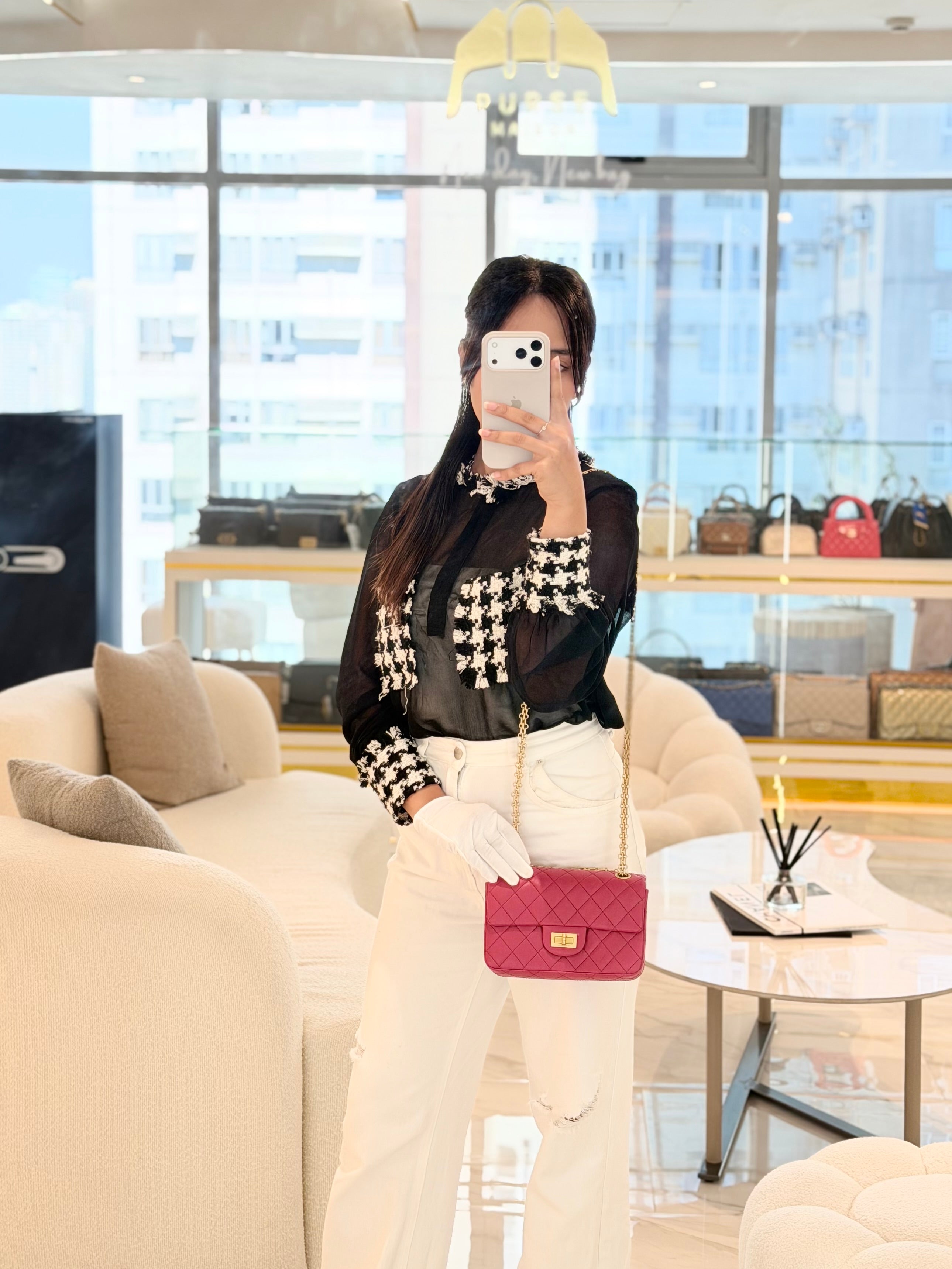 Reissue 2.55 Single Flap Mini Pink Calfskin Distressed Leather in Aged Gold Hardware(Microchip) | Purse Maison Luxury Bags Shop