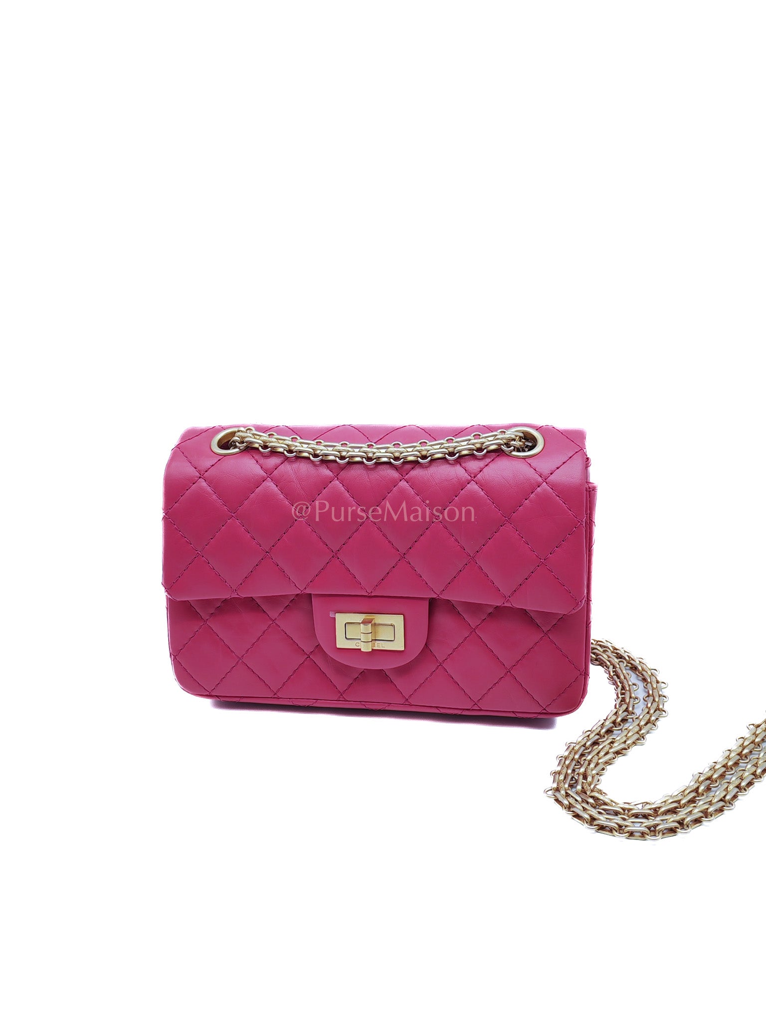 Reissue 2.55 Single Flap Mini Pink Calfskin Distressed Leather in Aged Gold Hardware(Microchip) | Purse Maison Luxury Bags Shop