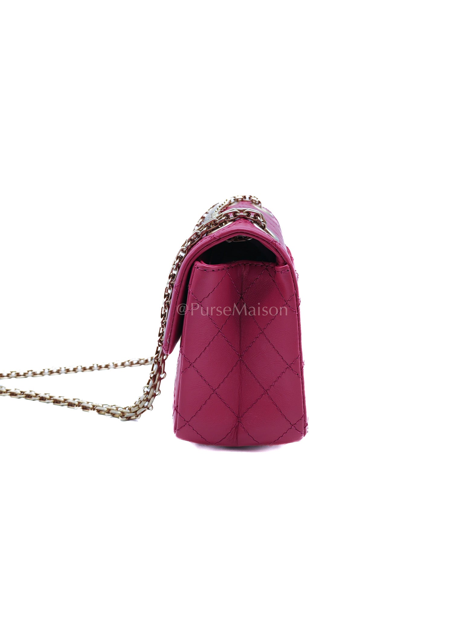 Reissue 2.55 Single Flap Mini Pink Calfskin Distressed Leather in Aged Gold Hardware(Microchip) | Purse Maison Luxury Bags Shop