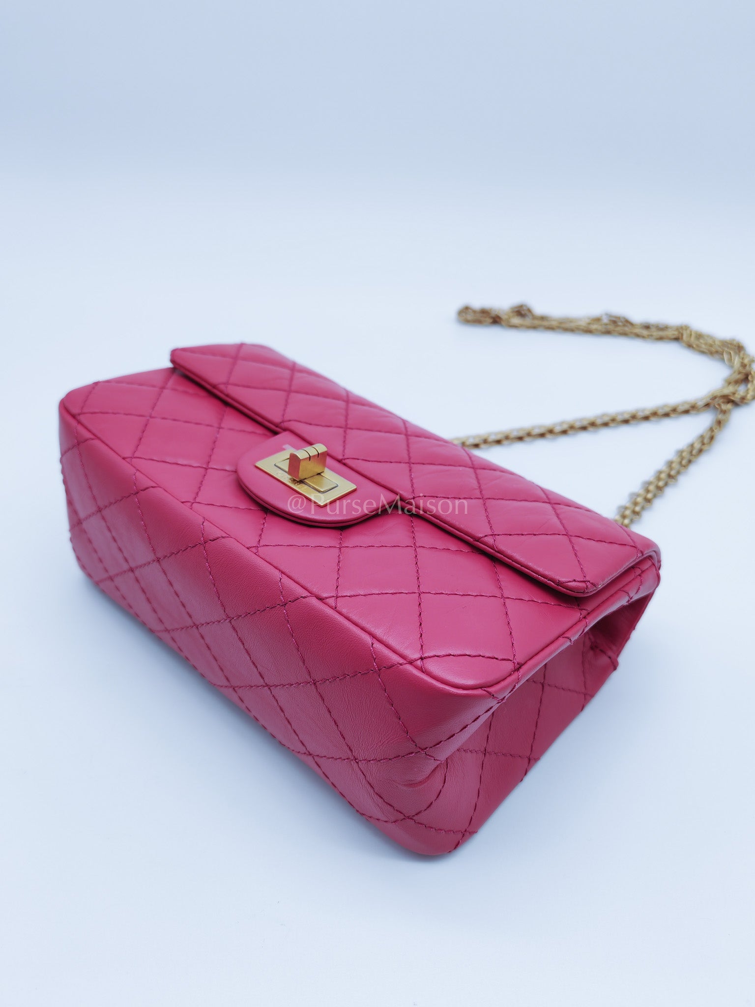 Reissue 2.55 Single Flap Mini Pink Calfskin Distressed Leather in Aged Gold Hardware(Microchip) | Purse Maison Luxury Bags Shop