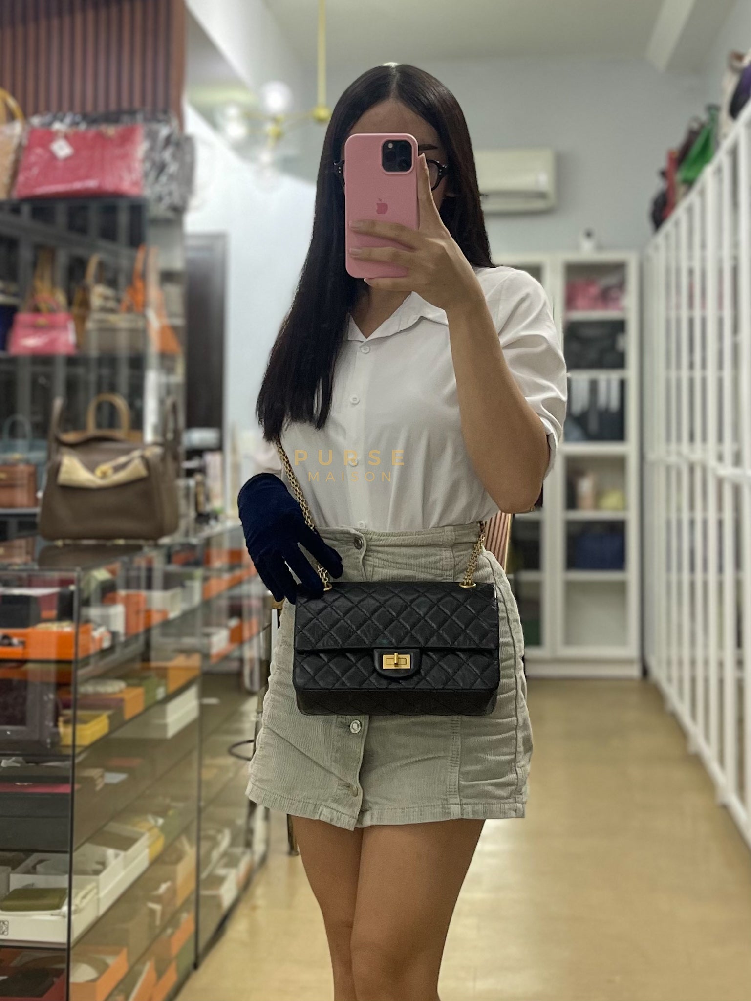 Reissue 2.55 Size 225 Small Black in Calfskin Distressed Leather (Microchip) | Purse Maison Luxury Bags Shop