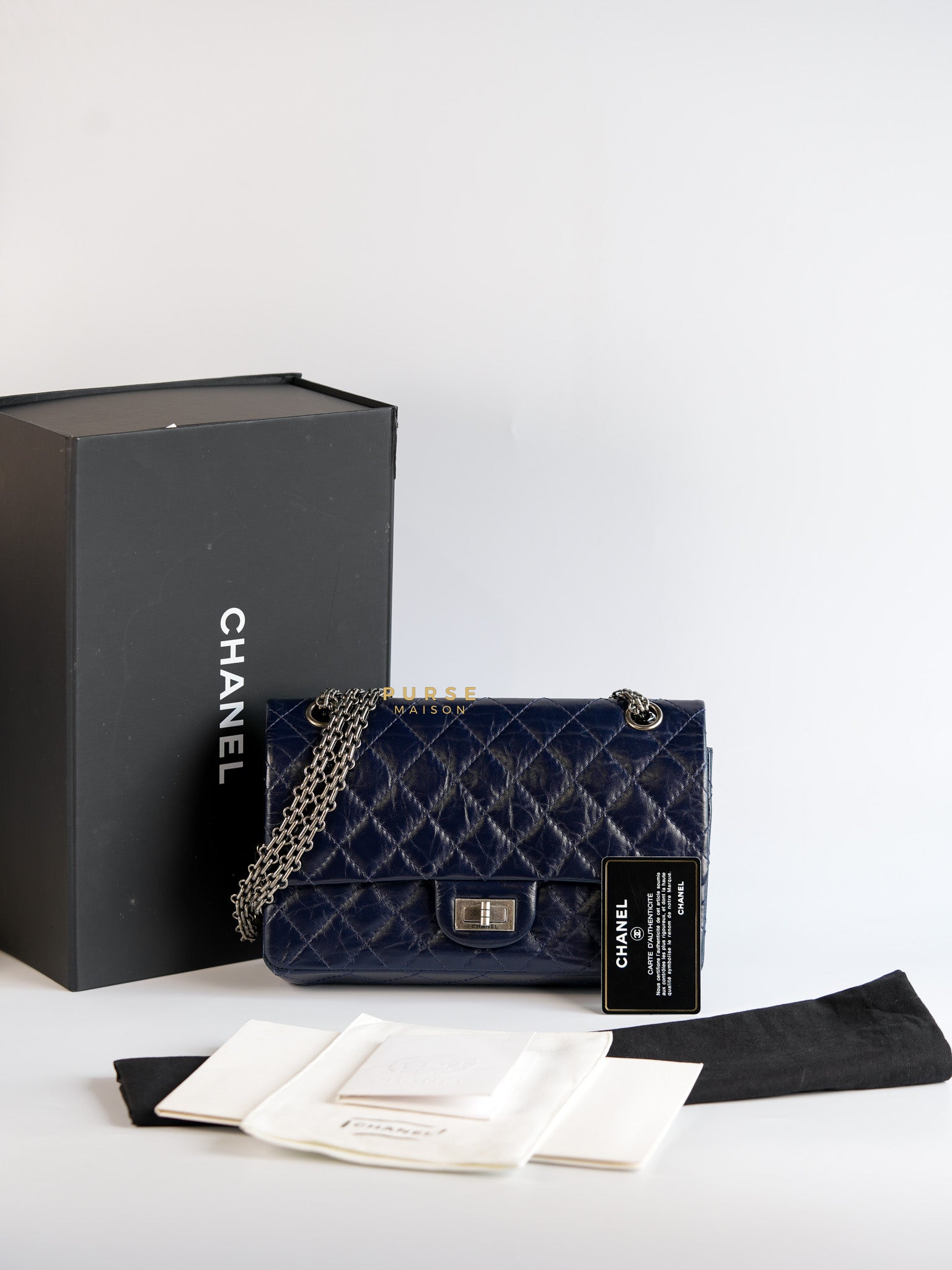 Reissue 2.55 Navy Blue Distressed Calfskin Leather Series 24 | Purse Maison Luxury Bags Shop