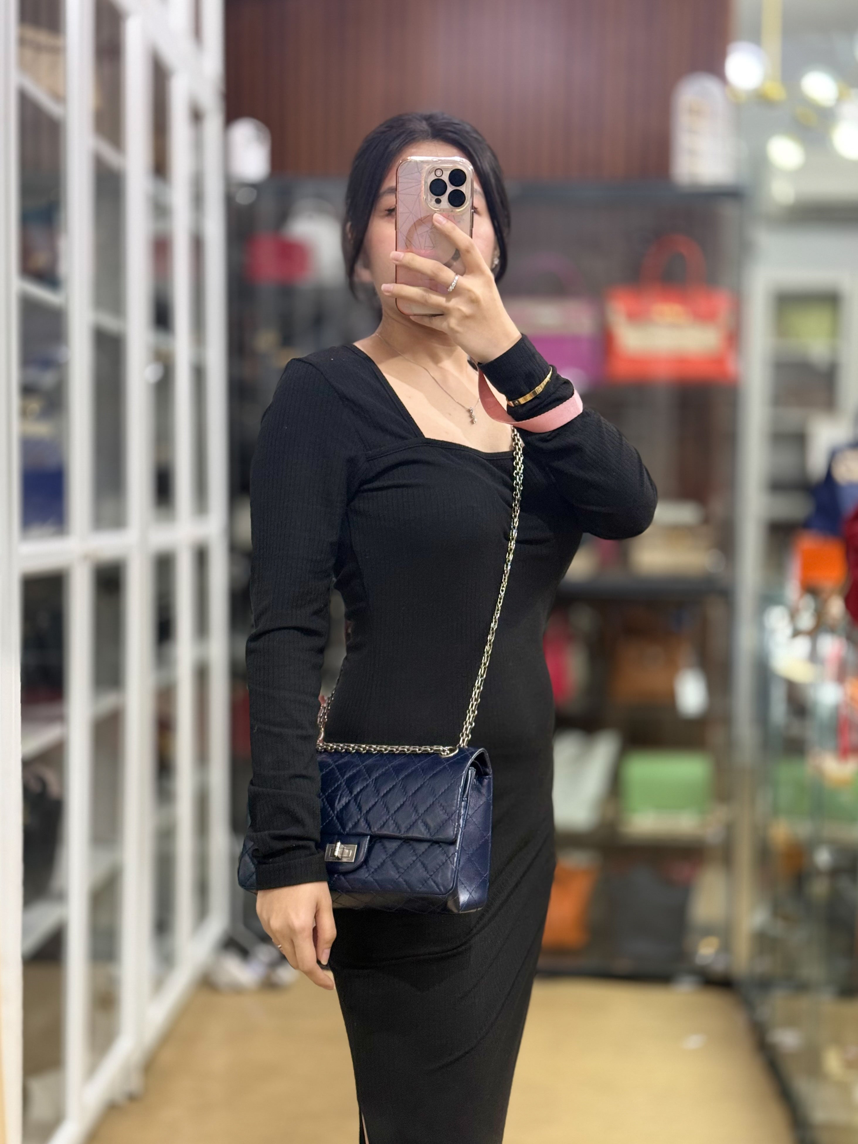 Reissue 2.55 Small Navy Blue Distressed Calfskin Leather Series 24 | Purse Maison Luxury Bags Shop