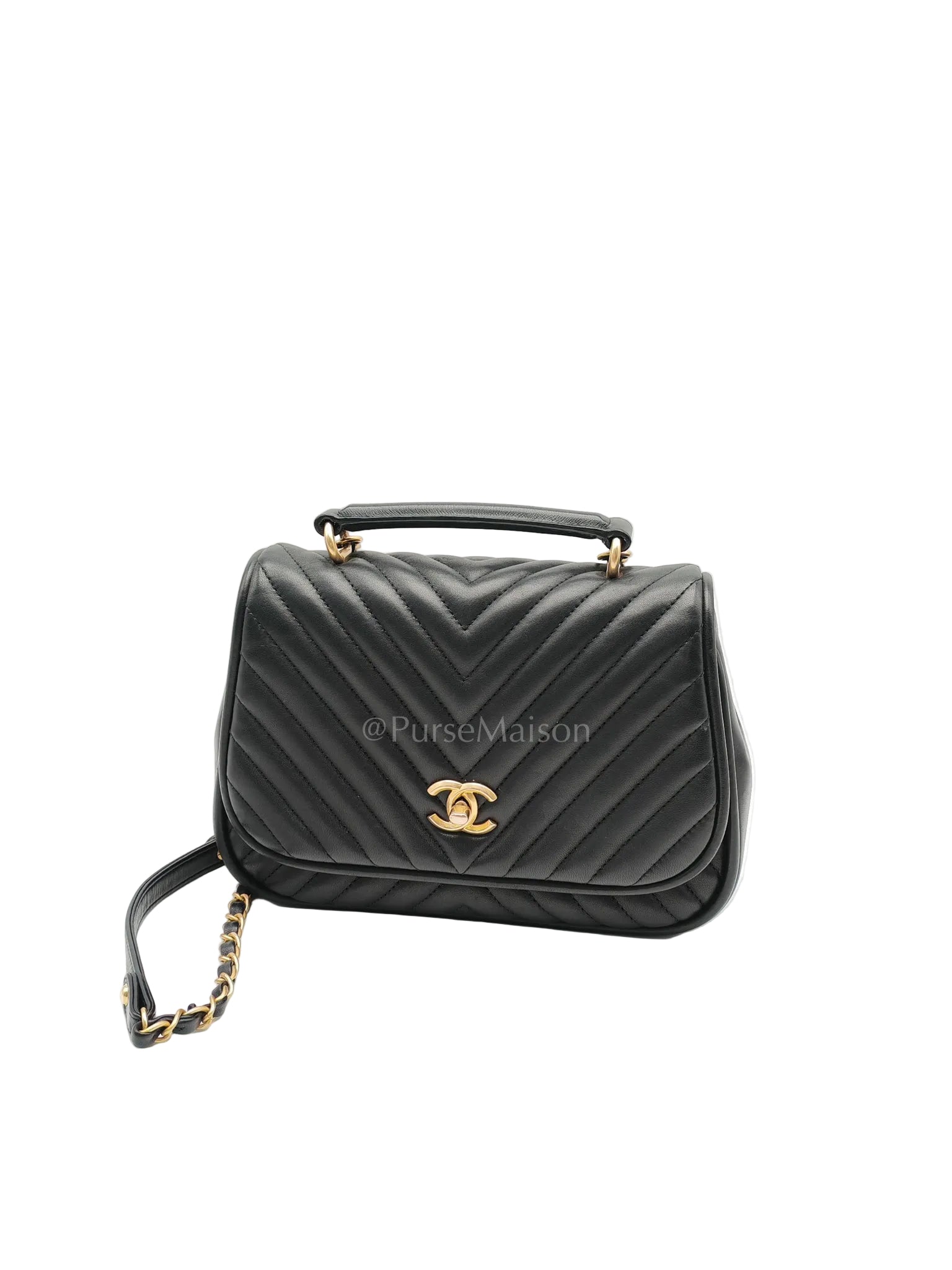 Reverse Chevron Quilted Top Handle Flap Bag in Lambskin Leather and Aged Gold Hardware Series 24 | Purse Maison Luxury Bags Shop