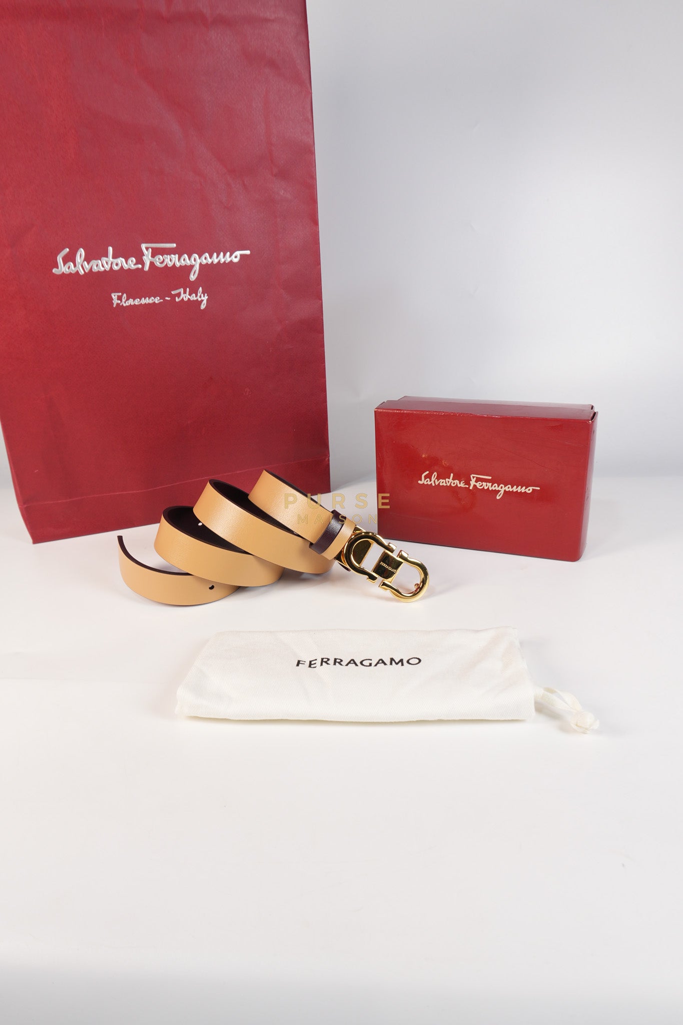 Reversible & Adjustable Gancini Belt in Light Caramel and Red Leather | Purse Maison Luxury Bags Shop