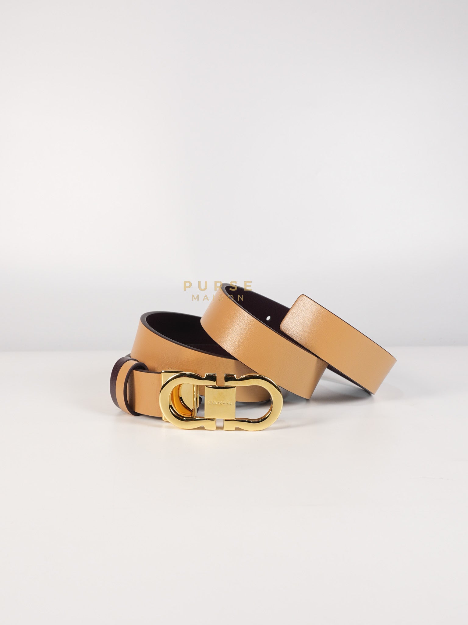 Reversible & Adjustable Gancini Belt in Light Caramel and Red Leather | Purse Maison Luxury Bags Shop
