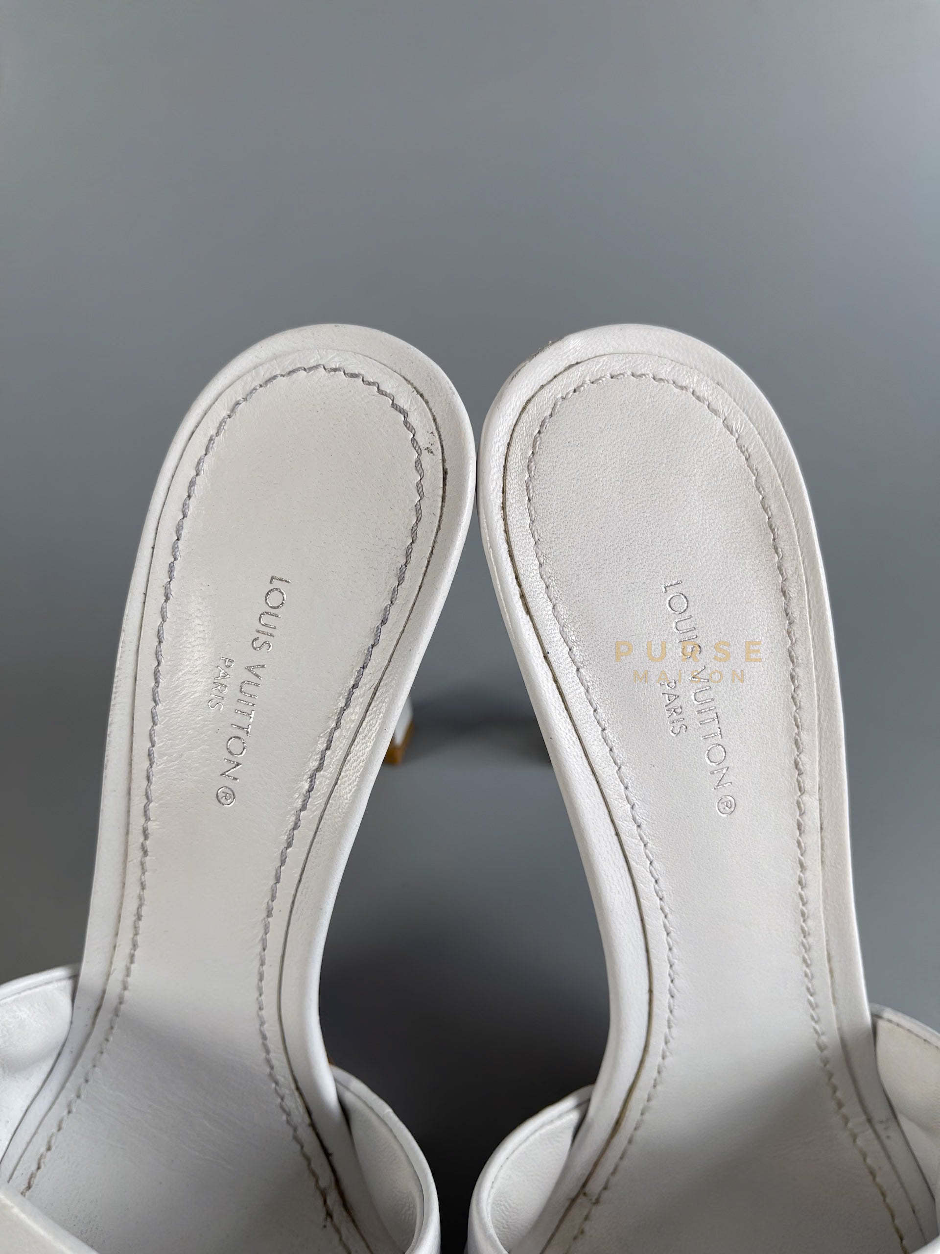 Revival White Embossed Monogram Lambskin Mules Heels Size 37 EU (24cm) | Purse Maison Luxury Bags Shop