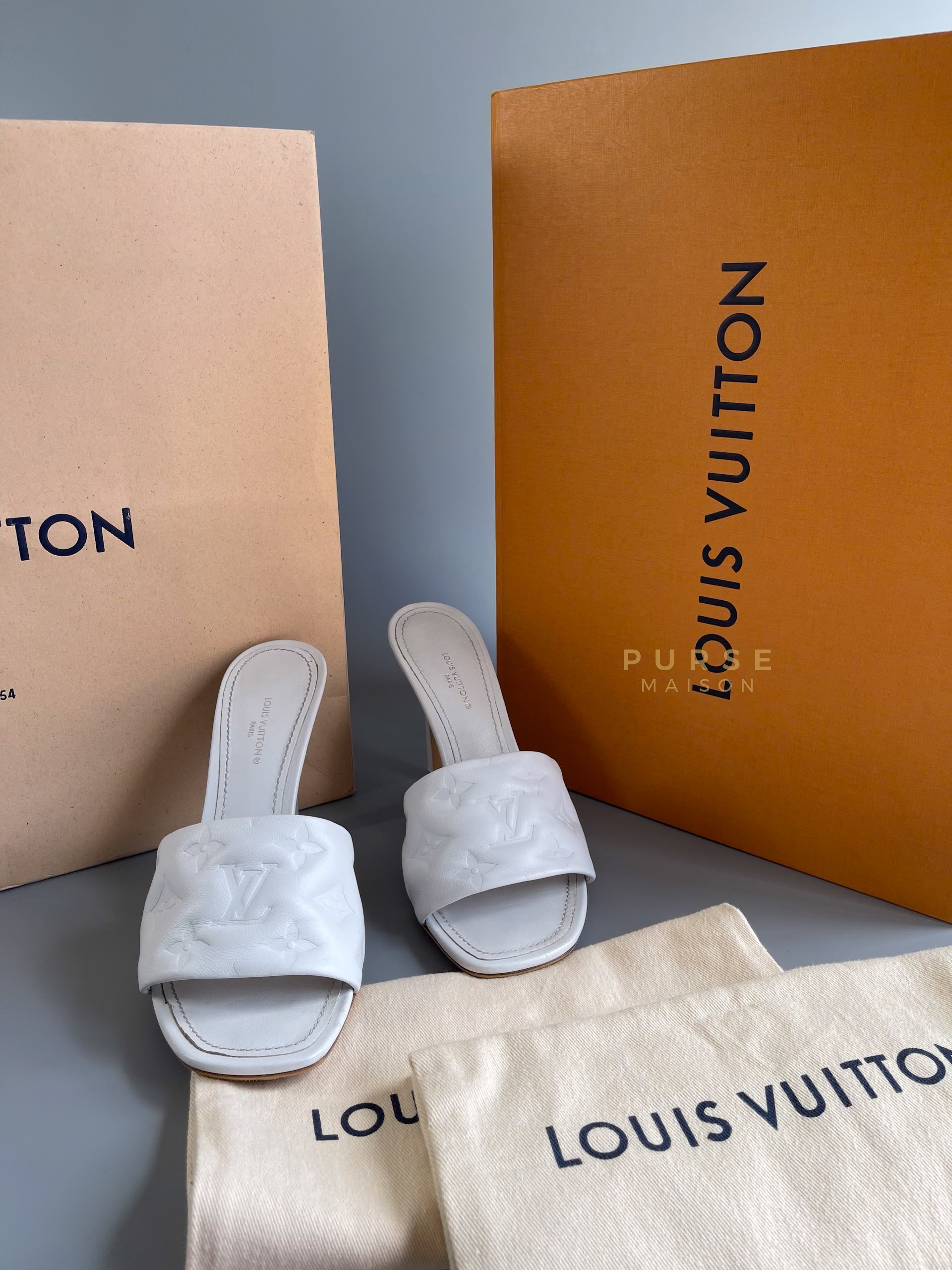 Revival White Embossed Monogram Lambskin Mules Heels Size 37 EU (24cm) | Purse Maison Luxury Bags Shop