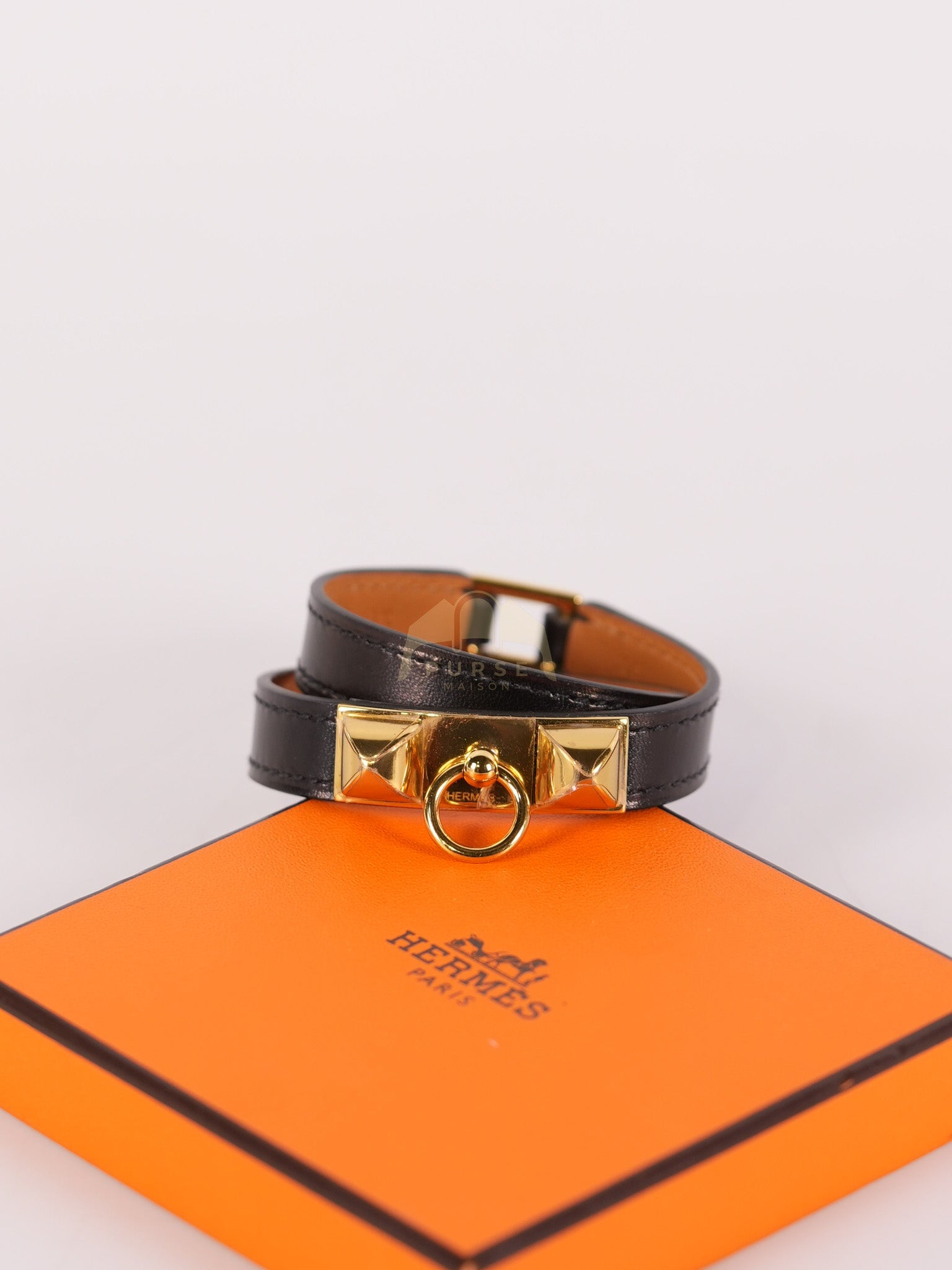 Rivale Double Tour Bracelet in Noir Box Calfskin Leather Gold Hardware Stamp X(2016) | Purse Maison Luxury Bags Shop