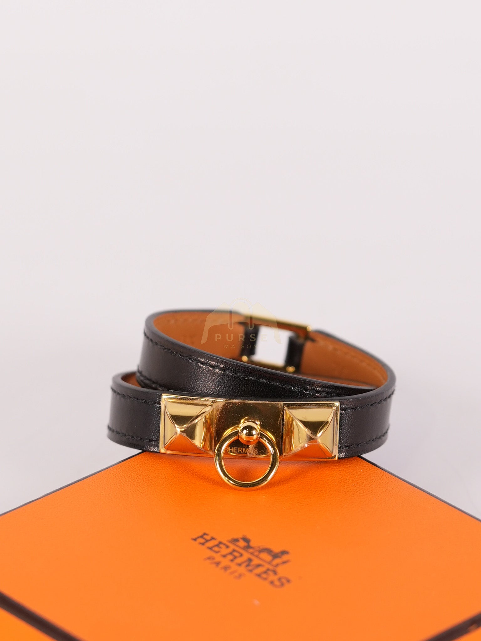 Rivale Double Tour Bracelet in Noir Box Calfskin Leather Gold Hardware Stamp X(2016) | Purse Maison Luxury Bags Shop