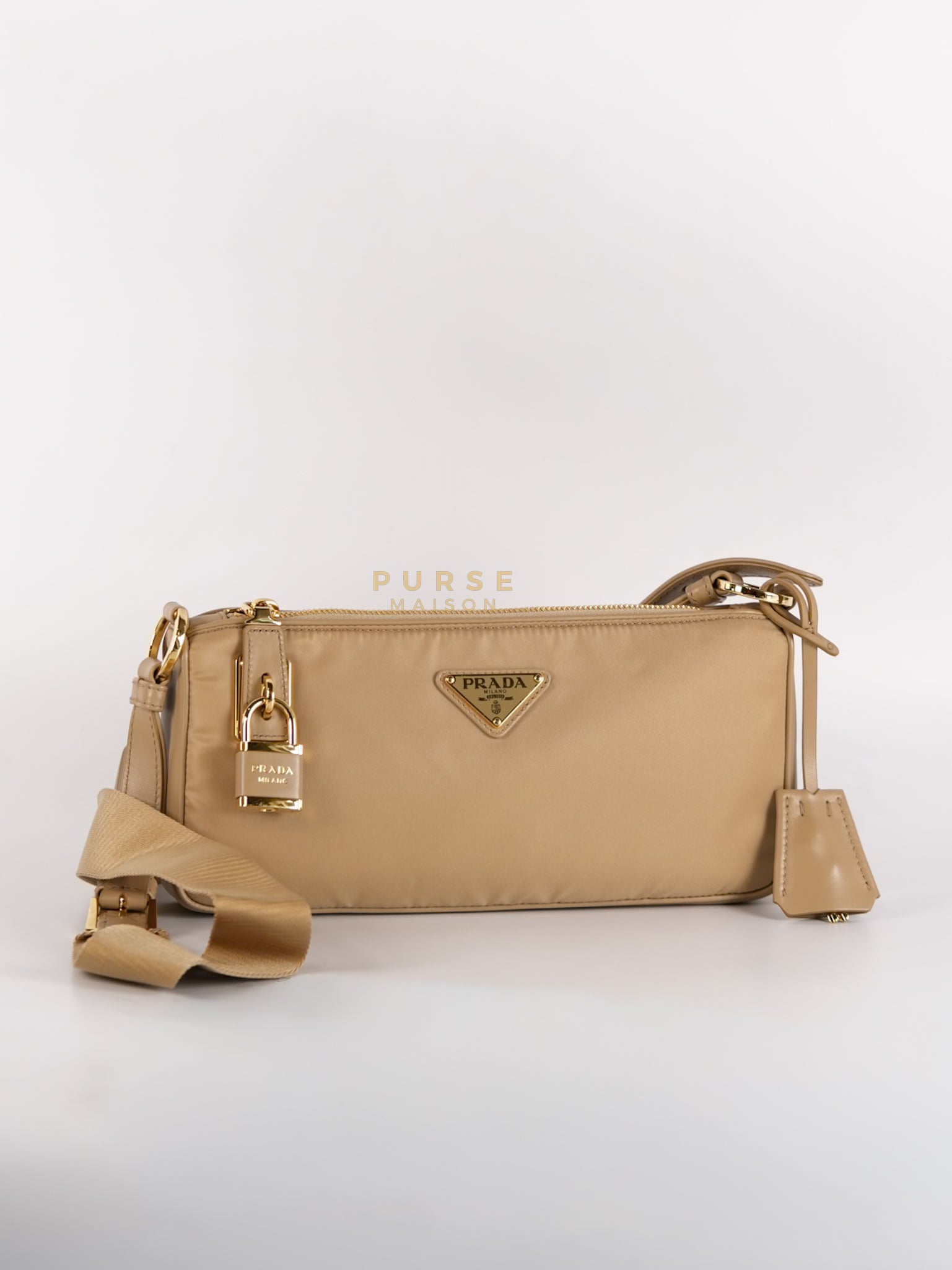 1BC234 Re-nylon and Leather Shoulder Bag in Camel